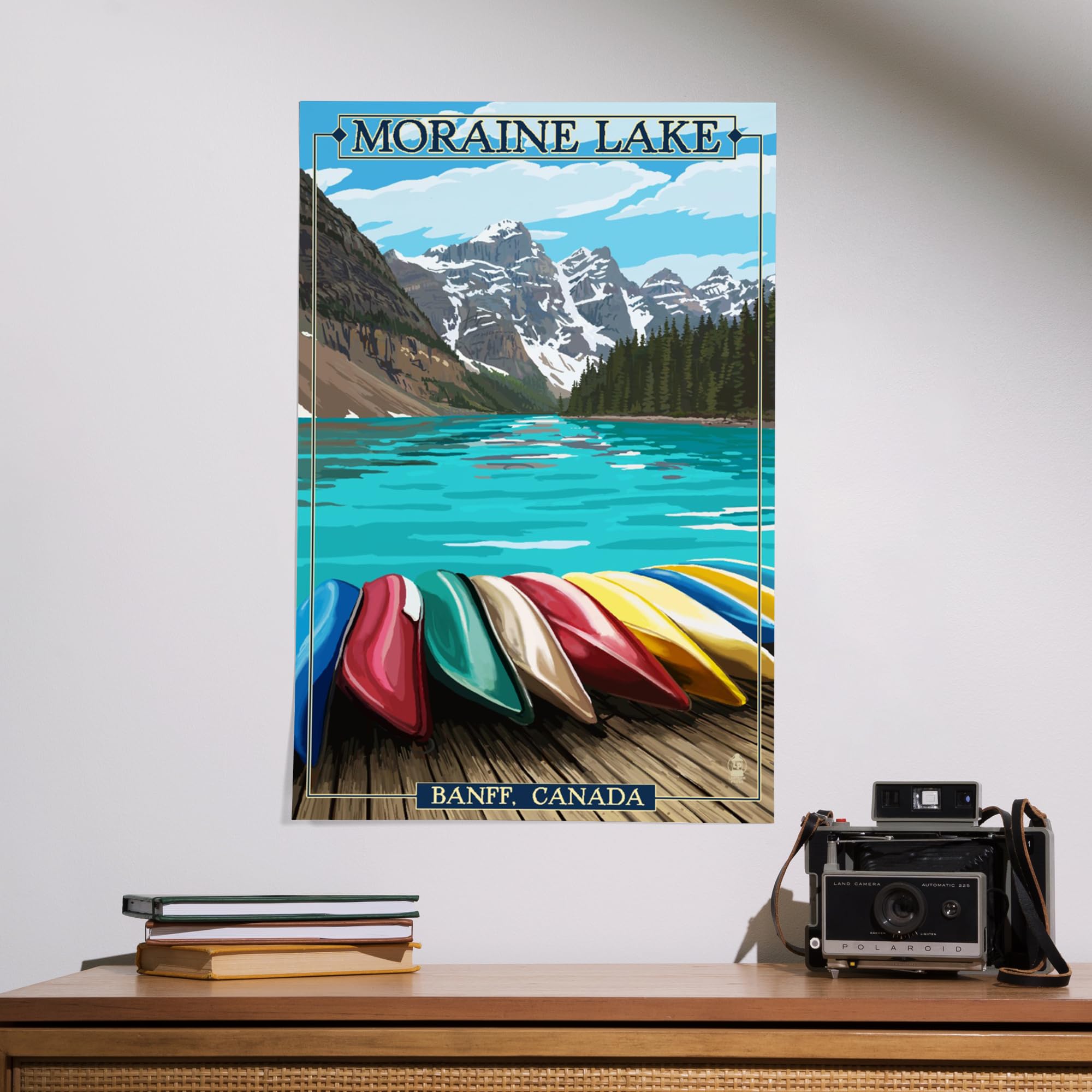 Lantern Press 16x24 Inch Giclee Print - Banff Alberta Canada Landscape Art with Moraine Lake and Canoes | Premium Wall Decor for Living Room, Bedroom & Office