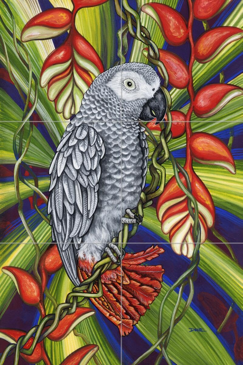 Ceramic Backsplash Tile Mural with Tropical Grey Parrot Design for Kitchen, Bathroom & Shower - Waterproof & Durable Wall Decor - Perfect for Home Renovation & Coastal Style Interiors