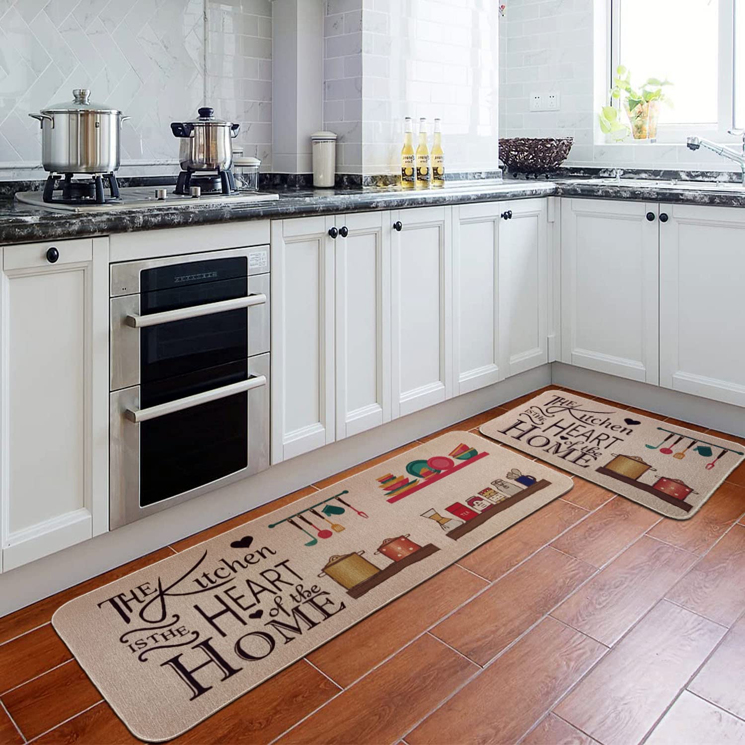 Non-Slip Washable Kitchen Floor Mats Set of 2 - Rubber Backing Anti-Fatigue Rugs for Home & Holiday Parties - Perfect for Cooking, Dishwashing & Entertaining Guests