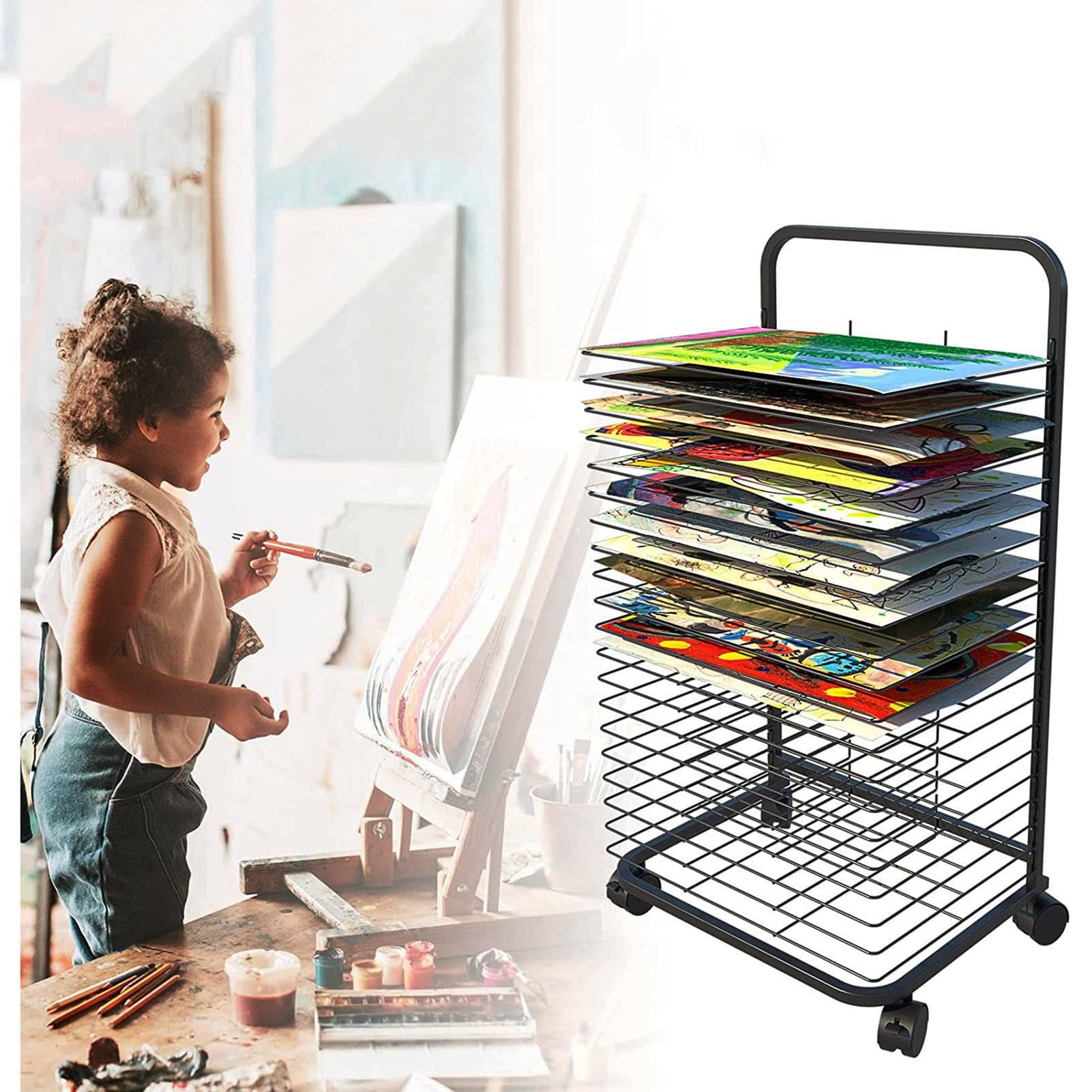Sturdy Metal Art Drying Rack with Wheels - 25-Tier Power-Coated Painting & Craft Storage Display (44x42x90cm) - Perfect for Art Classrooms, Studios & School Art Clubs | Easy-Move Artwork Organizer for Wet Paintings & Student Projects