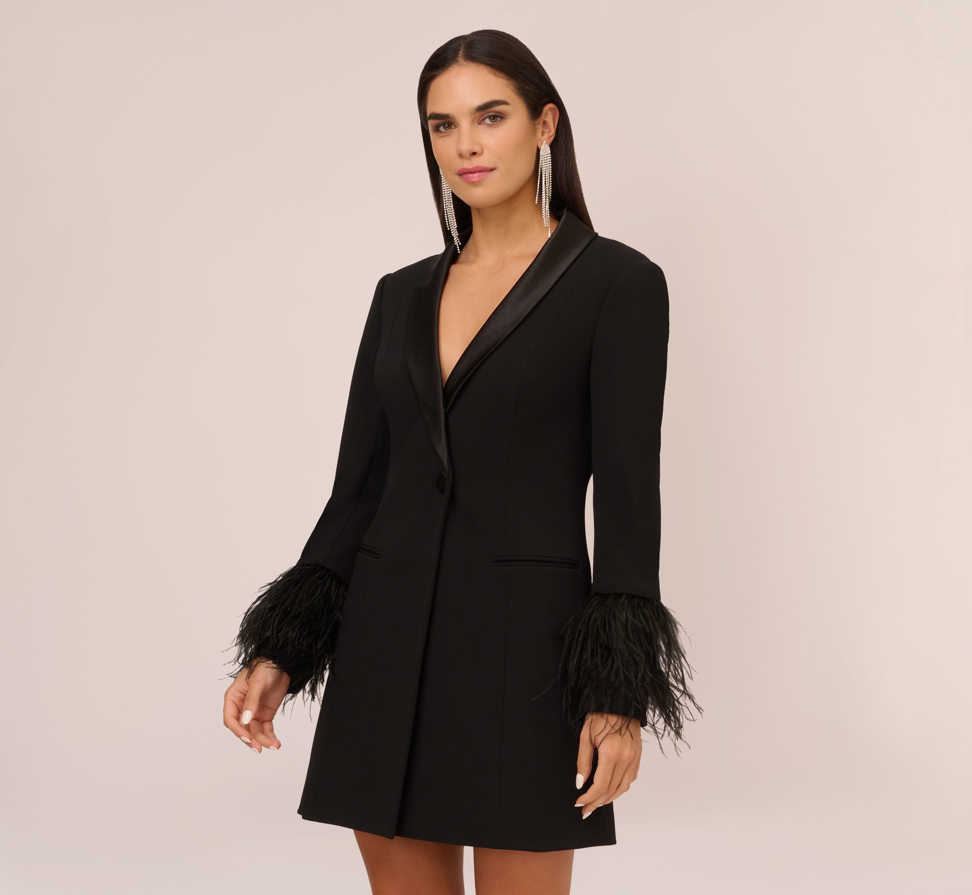 Elegant Black Knit Crepe Long Sleeve Blazer Dress with Feather Trim - Perfect for Office Wear, Cocktail Parties & Formal Events