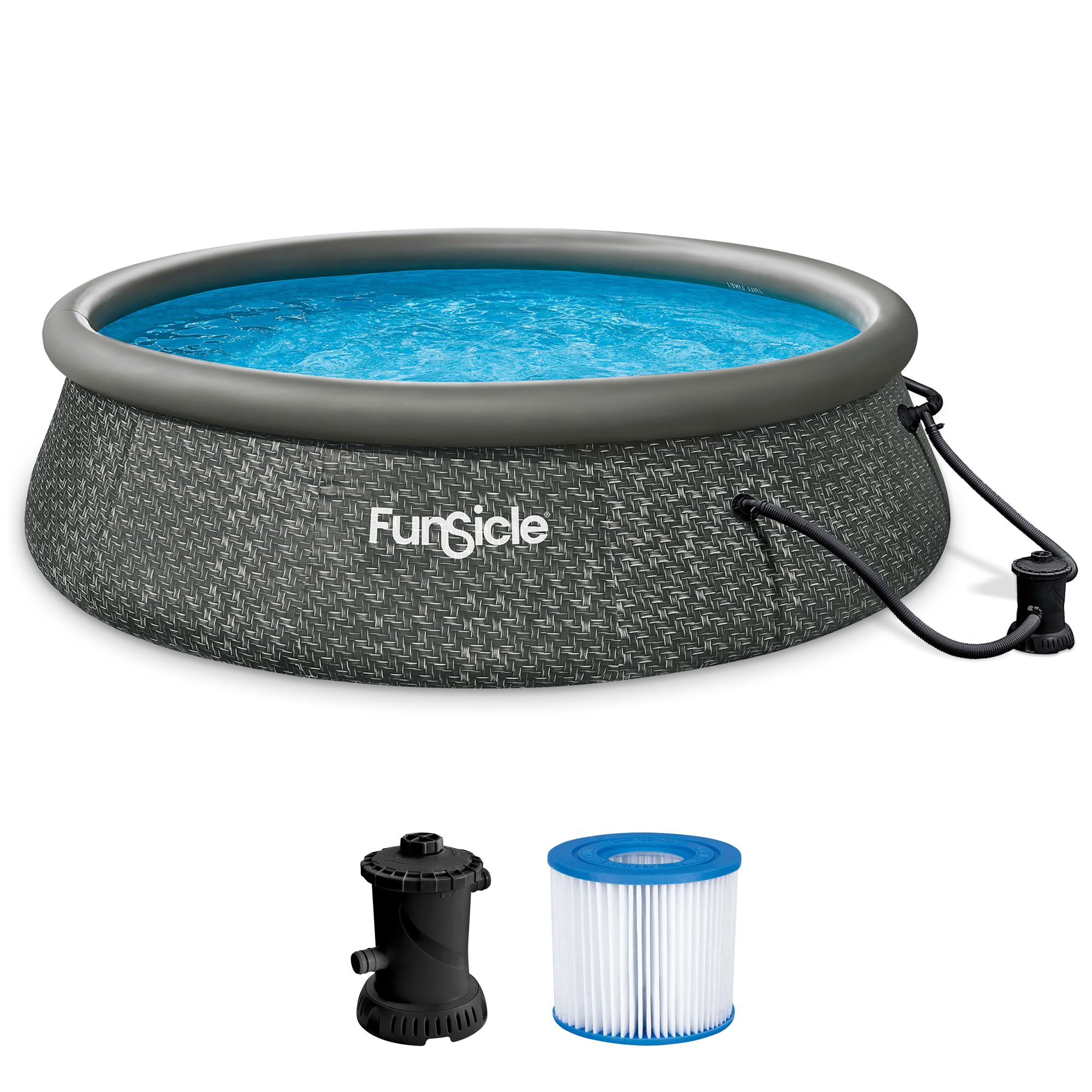 Funsicle 12ft x 36in Quick-Set Round Inflatable Above Ground Swimming Pool Set with Pump & Cartridge Filter - Dark Herringbone Design for Backyard, Garden & Outdoor Family Fun