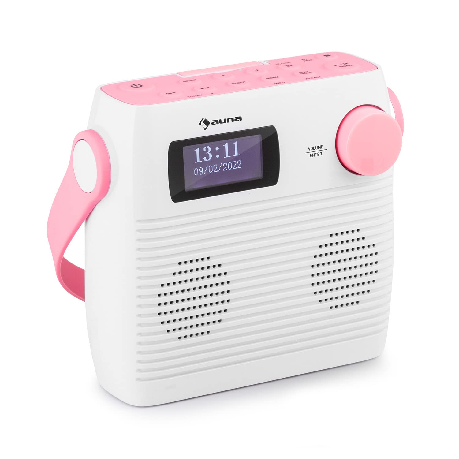 Auna Splash Shower Radio - Waterproof DAB+/FM Digital Radio with Bluetooth, USB-C Charging & Headphone Jack | IPX4 Rated for Bathroom, Poolside & Outdoor Use | White & Pink Color