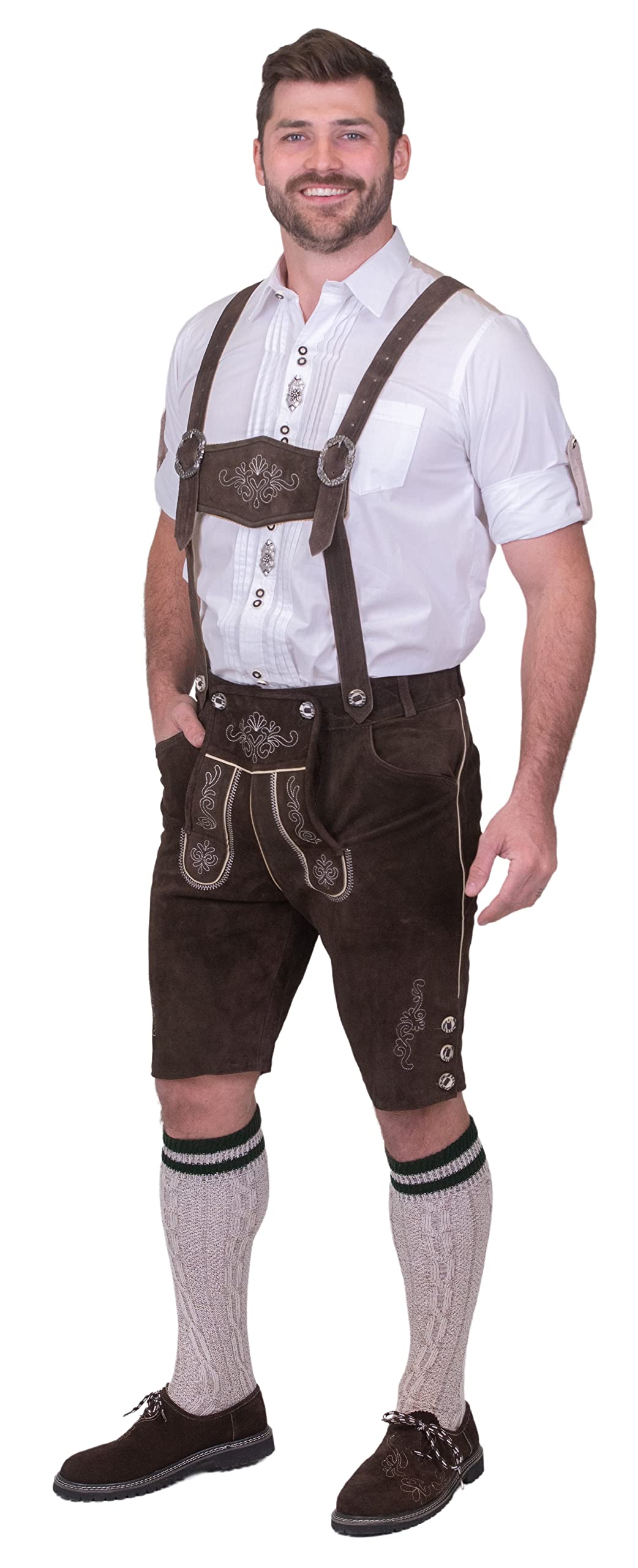 Authentic German Dirndl Trachten Haus 2-Piece Brown Leather Lederhosen Shorts for Oktoberfest | Bavarian Traditional Costume for Adults | Perfect for Halloween, Beer Festivals & Cultural Events