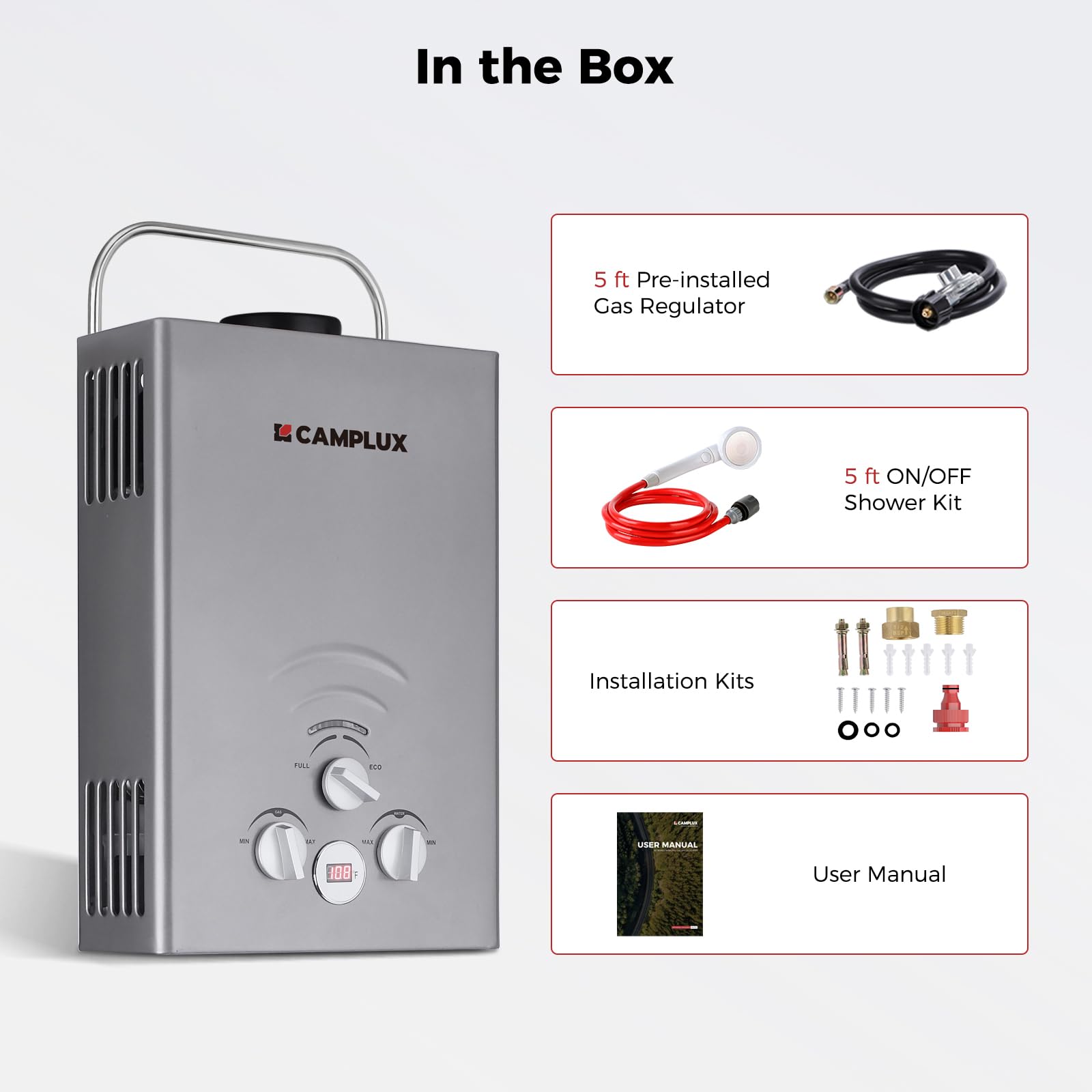 CAMPLUX 1.58 GPM Portable Propane Water Heater - 41,000 BTU Outdoor Tankless Water Heater for Camping, RV, Hunting & Off-Grid Living - Easy Installation, Gray (Perfect for Outdoor Showers, Washing Dishes & Emergency Hot Water)