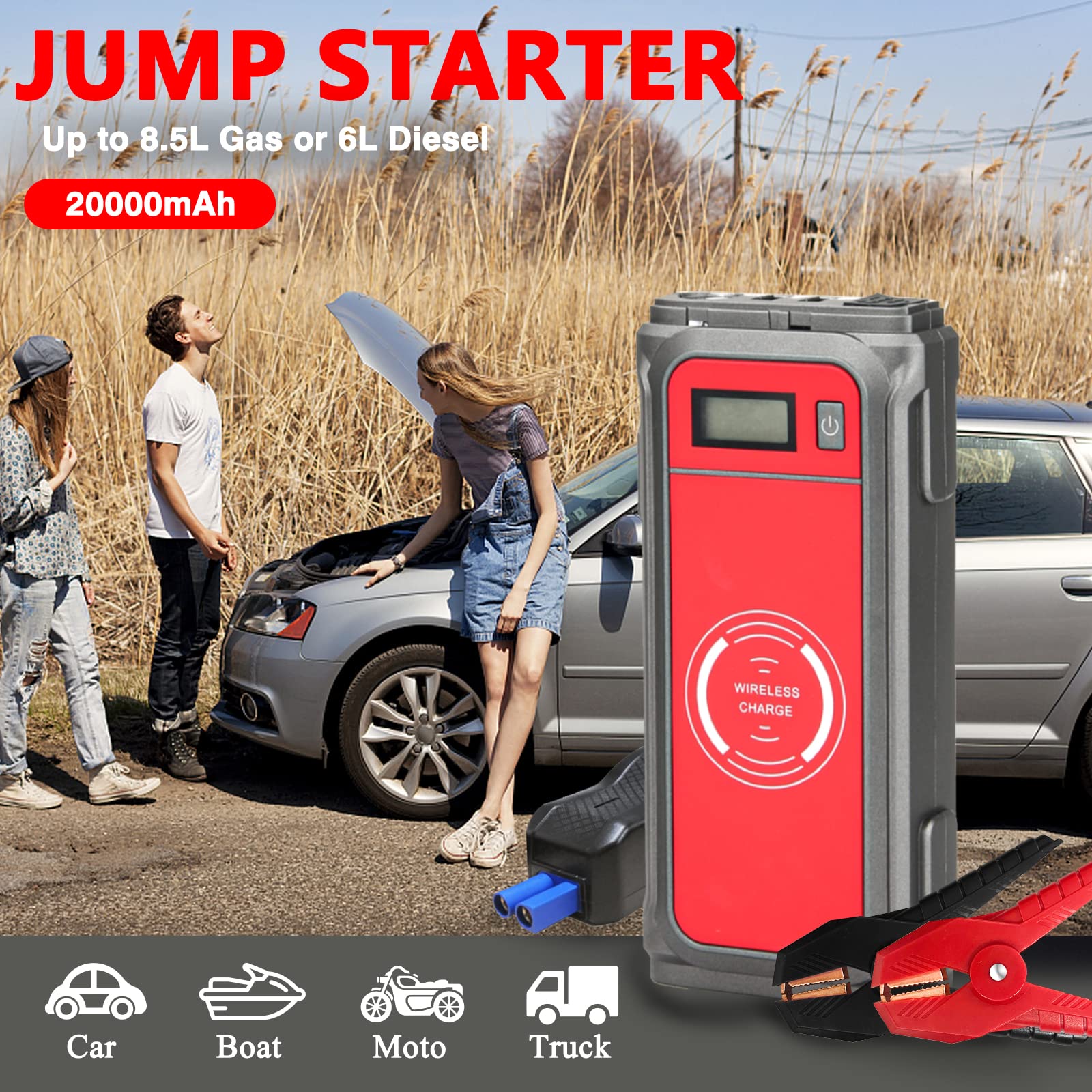 KOLANDY 2000A 20000mAh Portable Car Battery Jump Starter - Emergency Power Bank for 8.5L Gas/6L Diesel Engines with LED Light | Roadside Assistance, Camping & Emergency Power Supply