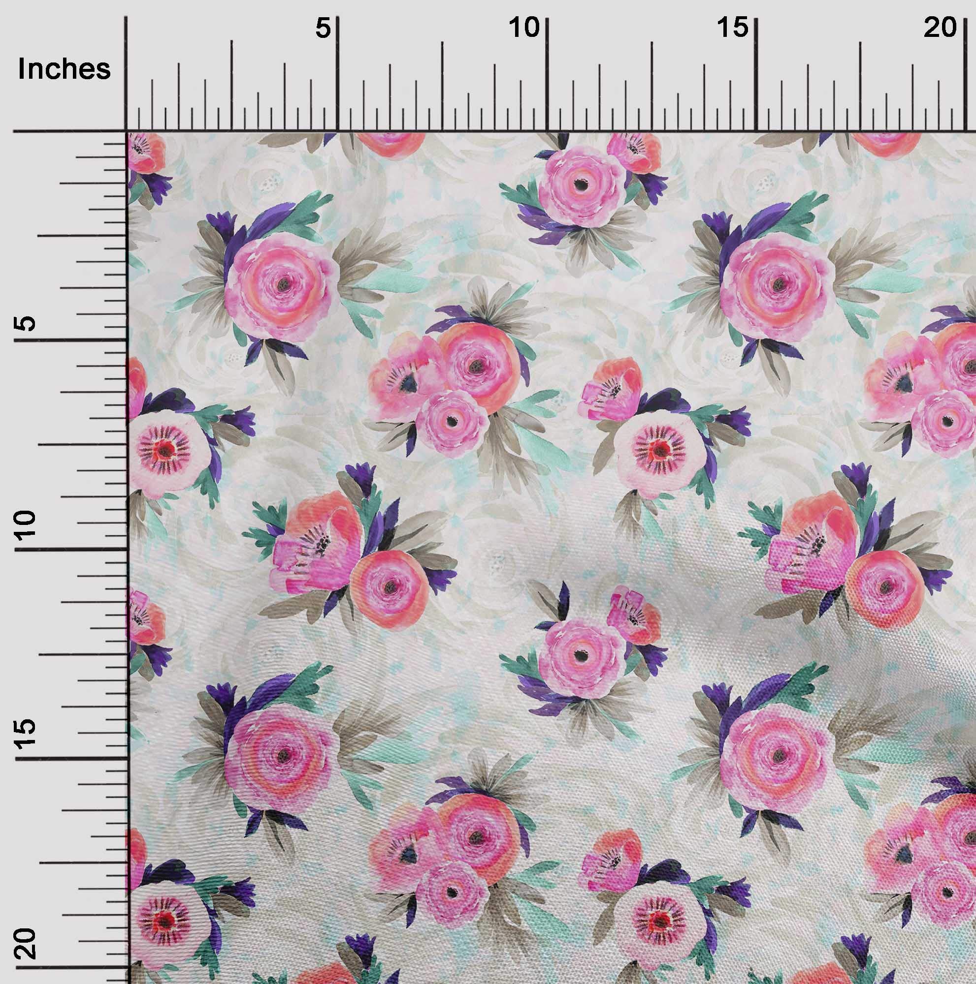 oneOone Cotton Poplin Fabric - Watercolor Leaves & Peony Floral Print Fabric by The Yard (56