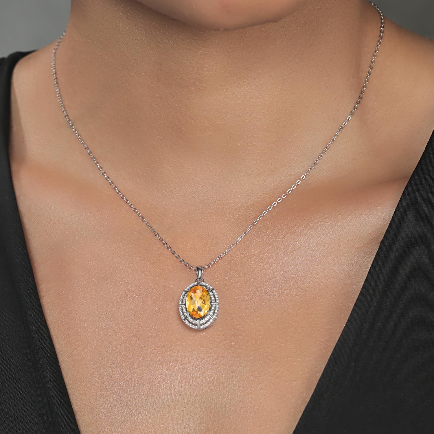 Gem Stone King 5-10 Cttw Two Row Halo Necklace with 14X10MM Oval Birthstone in 925 Sterling Silver | Double Row Halo Pendant Necklace for Women | 18 Inch Silver Chain | Perfect for Birthdays, Anniversaries & Special Occasions