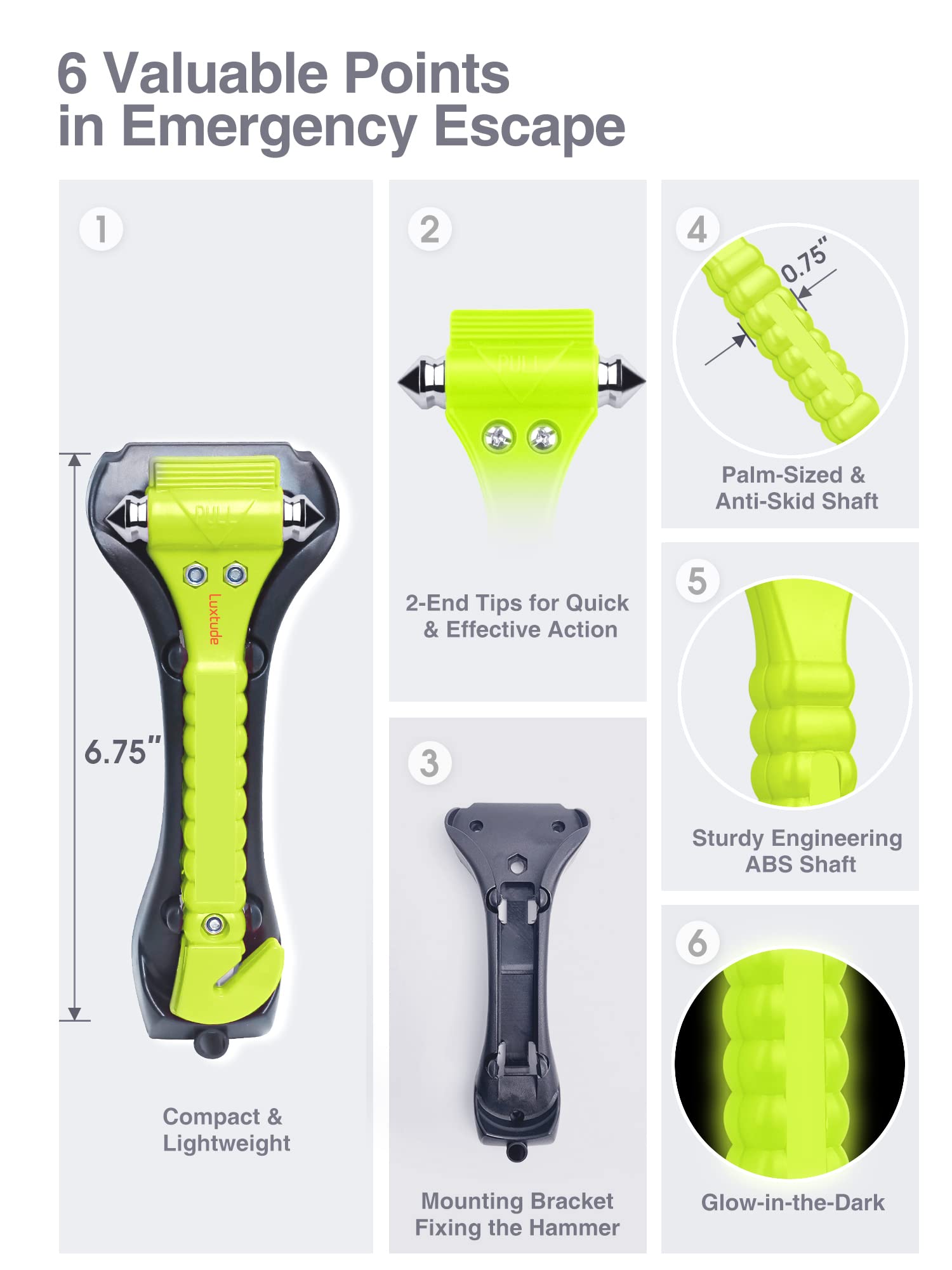 Luxtude 2-in-1 Emergency Car Escape Tool - Glass Breaker & Seatbelt Cutter - Auto Safety Hammer & Window Punch - Life Rescue Kit for Vehicles (Green, 2 Pack) - Perfect for Emergency Roadside Safety & Car Accidents