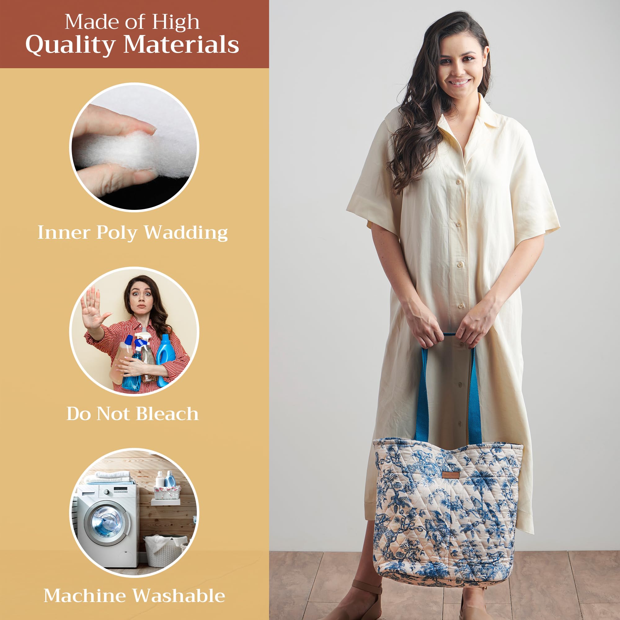Maison d'Hermine Quilted Cotton Tote Bag with Zipper Pockets & Detachable Pouch - Stylish Work Bag for Women, Travel, Grocery Shopping & Lunch