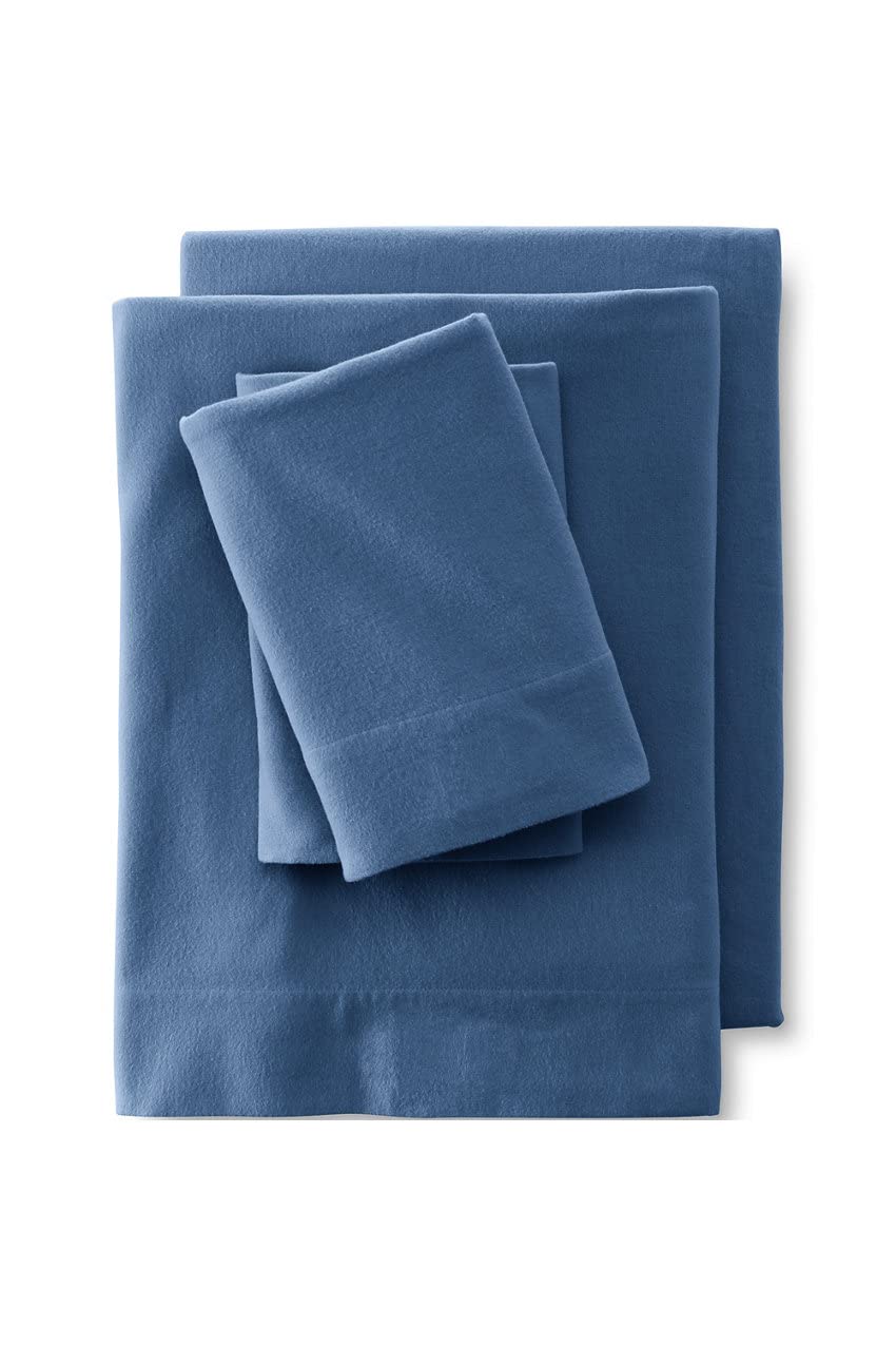Lands' End 5oz Flannel Solid Sheet Set - Deep Aegean Blue - Queen Size Bed Sheets for Cozy Winter Nights & Cold Weather Comfort