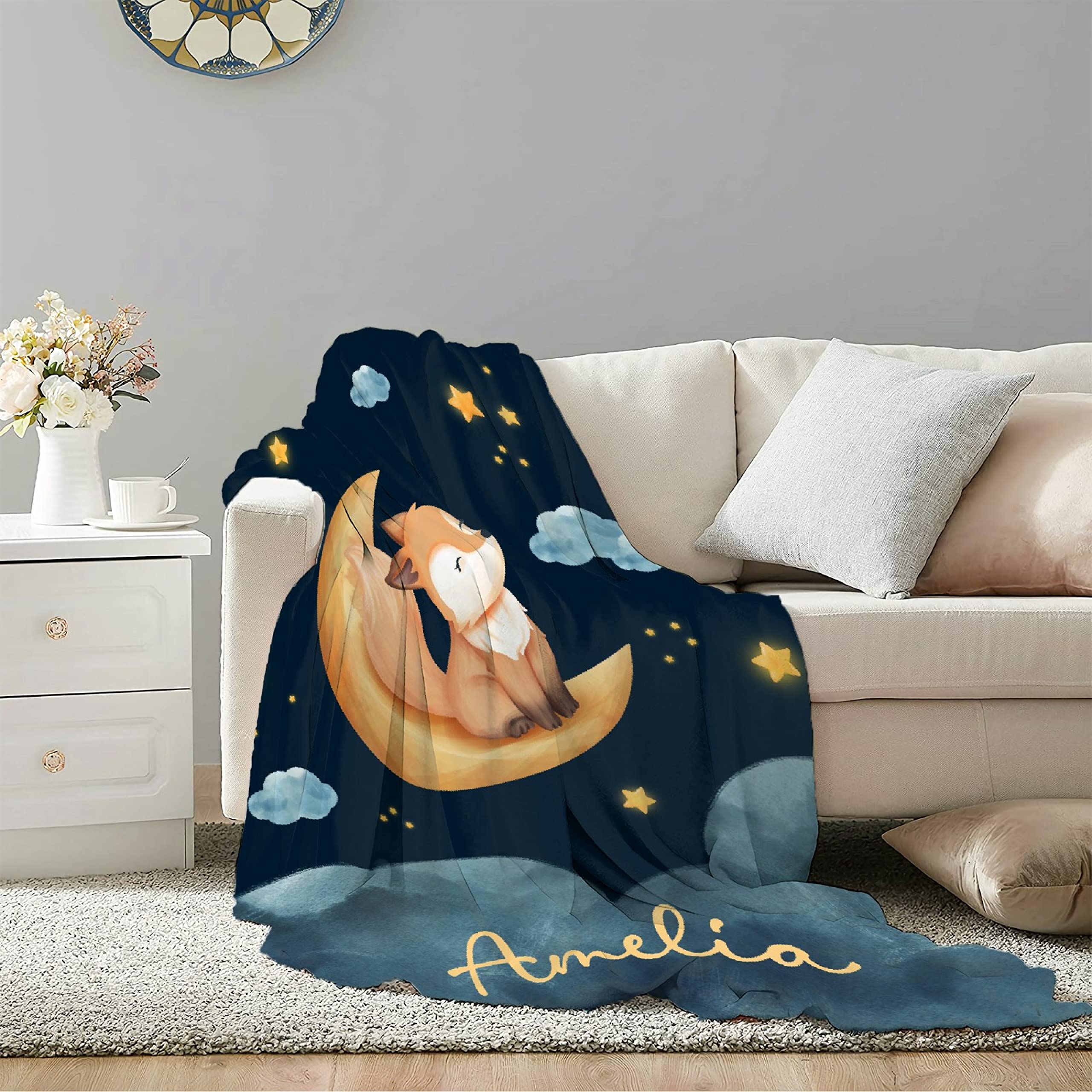 Personalized Moon Fox Baby Blanket with Name - Custom Animal Throw Blanket for Boys & Kids (120