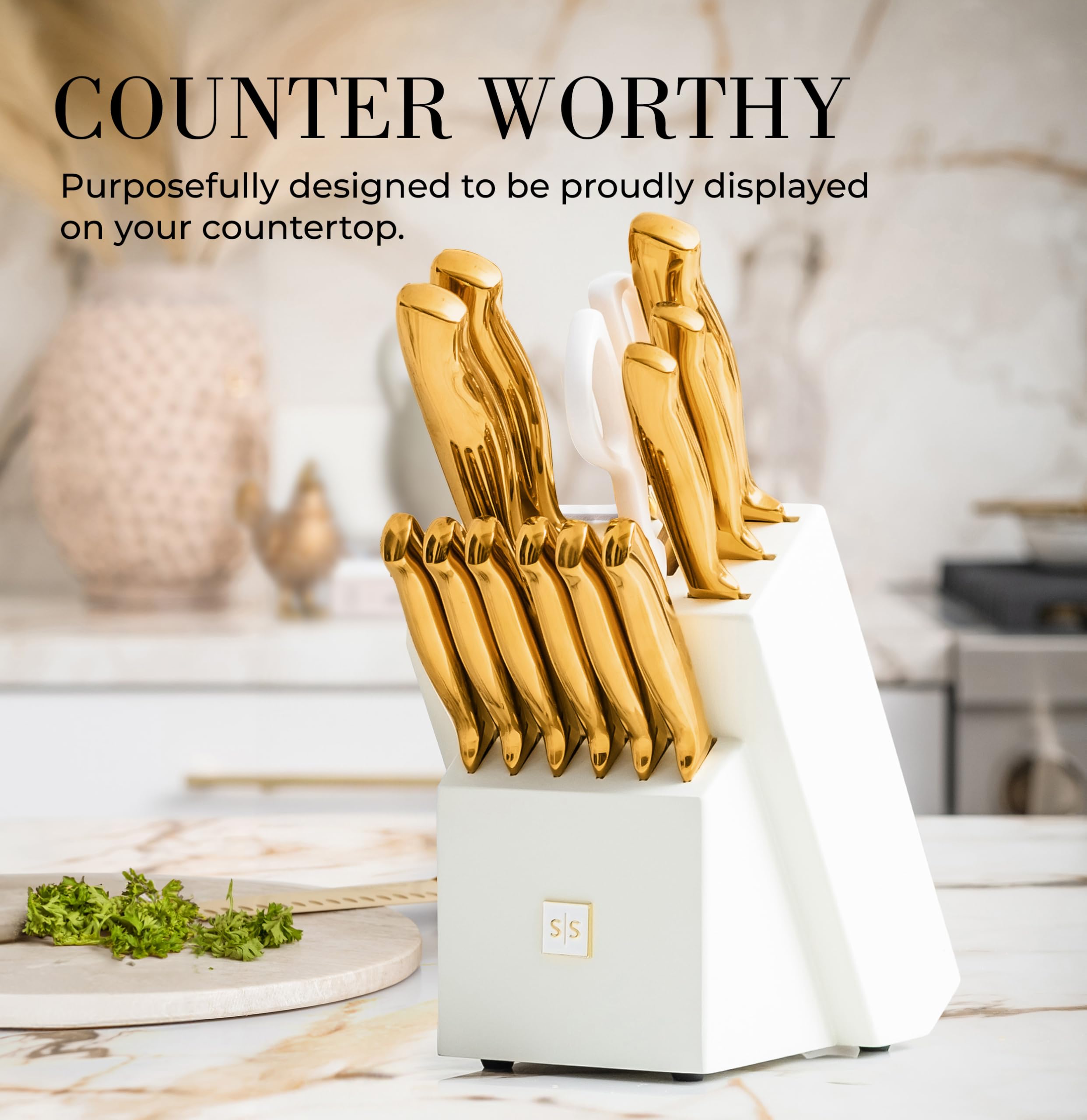 Premium 14-Piece White & Gold Knife Set with Block - Full Tang Kitchen Knives & Built-In Sharpener - Luxury Gold Kitchen Decor for Cooking, Entertaining & Gift Giving