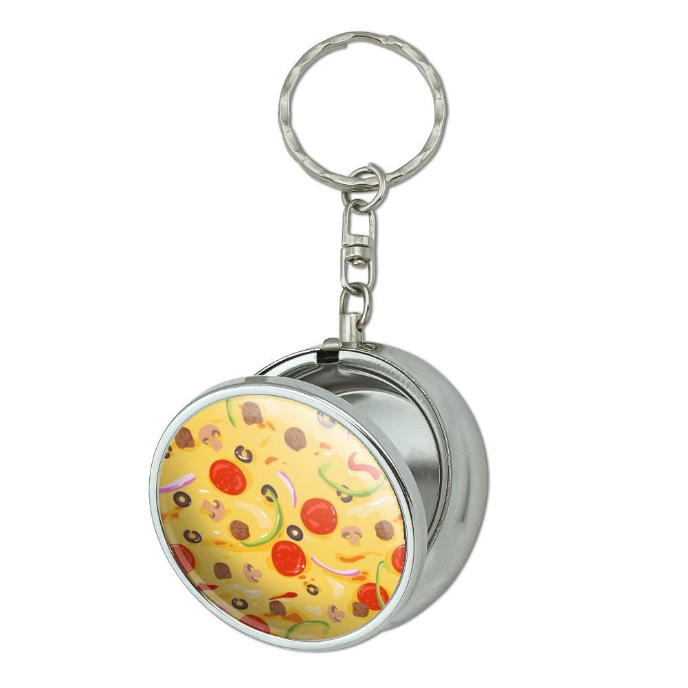 Portable Travel Size Pizza Pattern Ashtray Keychain with Cigarette Holder - Pepperoni, Olives & Onions Design - Perfect for Smokers, Outdoor Camping & Road Trips