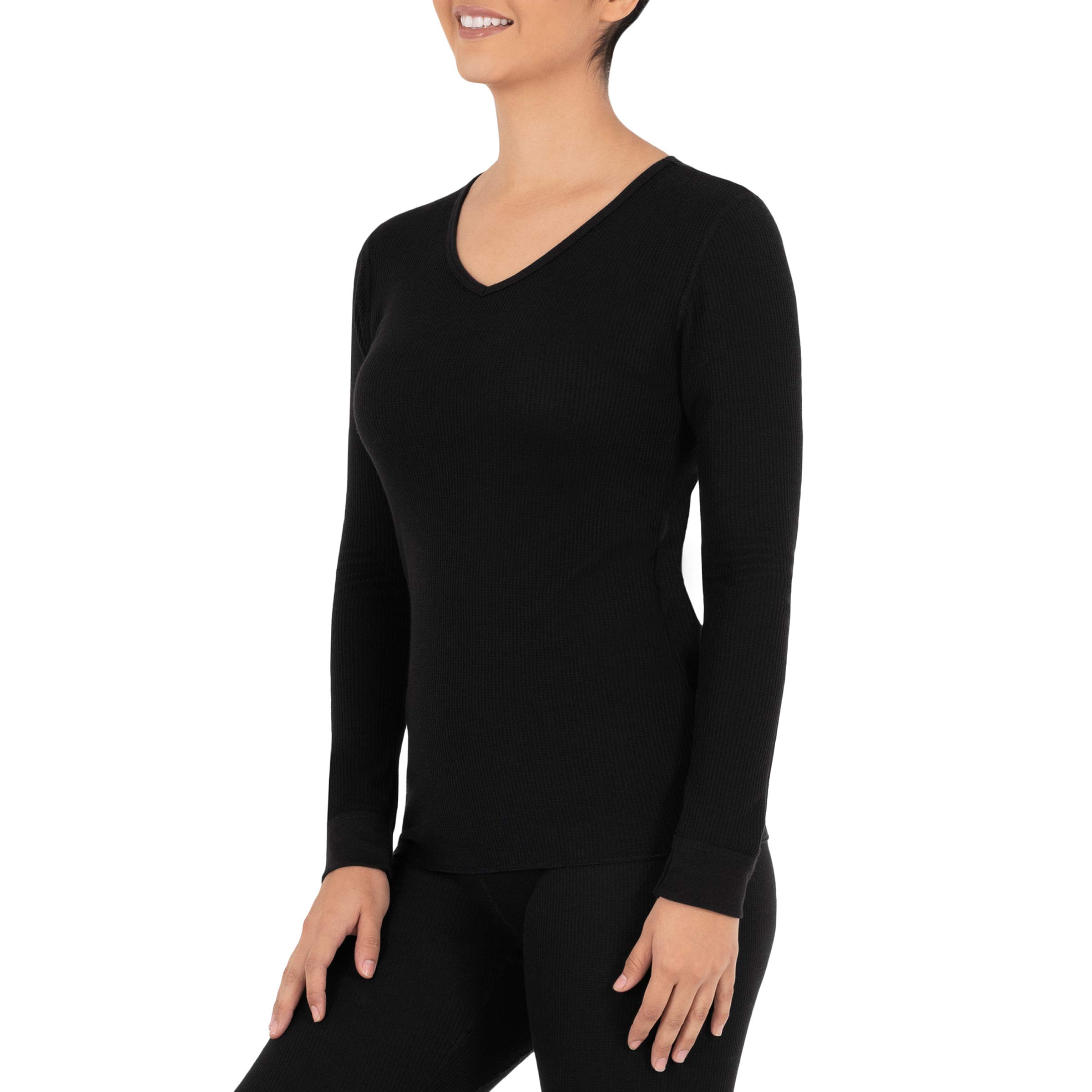 Fruit of the Loom Women's Micro Waffle Thermal V-Neck Long Sleeve Shirt - Soft Winter Warm Layering Top for Casual Wear & Outdoor Activities
