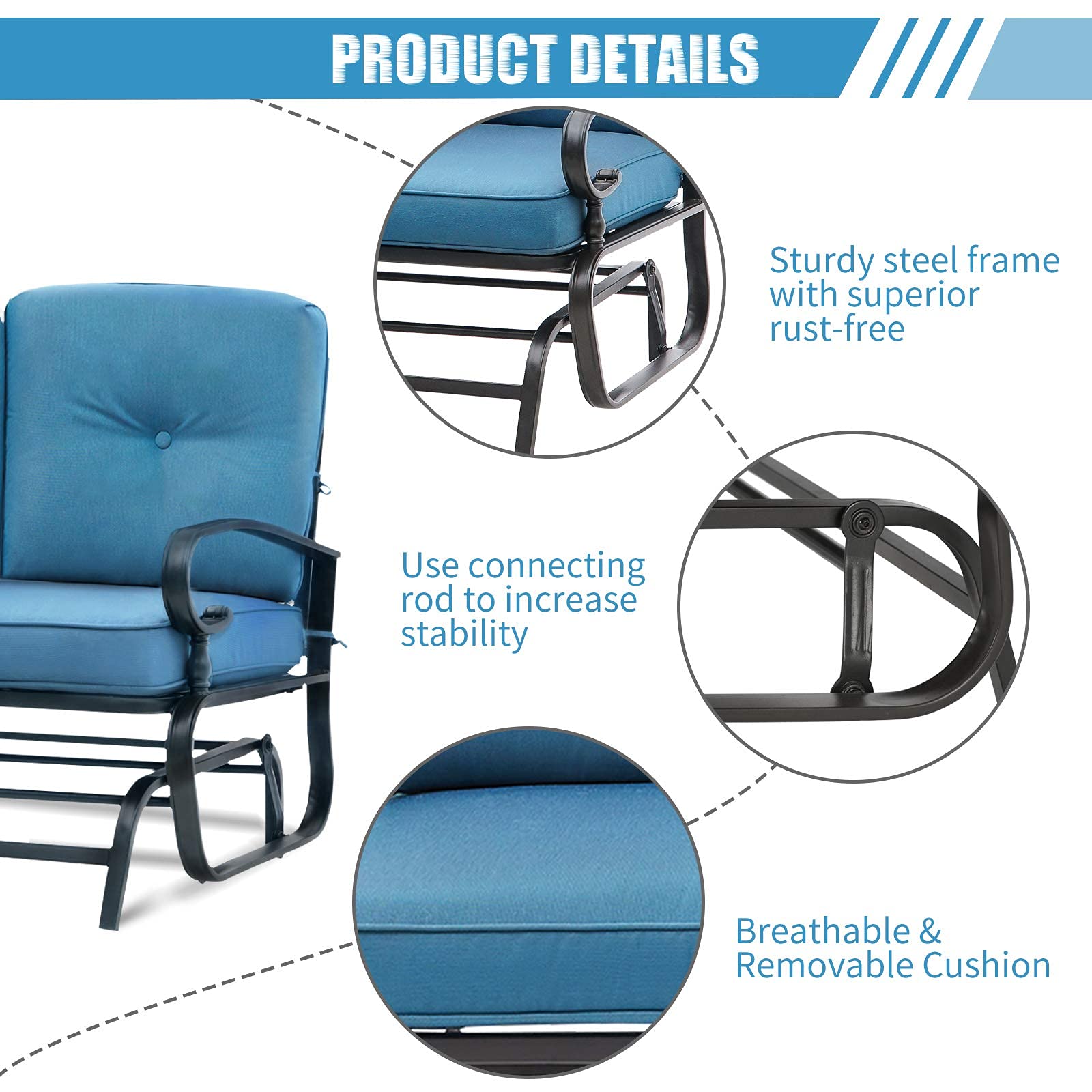 Outdoor Patio Bench Glider Swing - Steel Frame Rocking Loveseat with Thick Cushions (Peacock Blue) - Perfect for Porch, Garden & Backyard Relaxation
