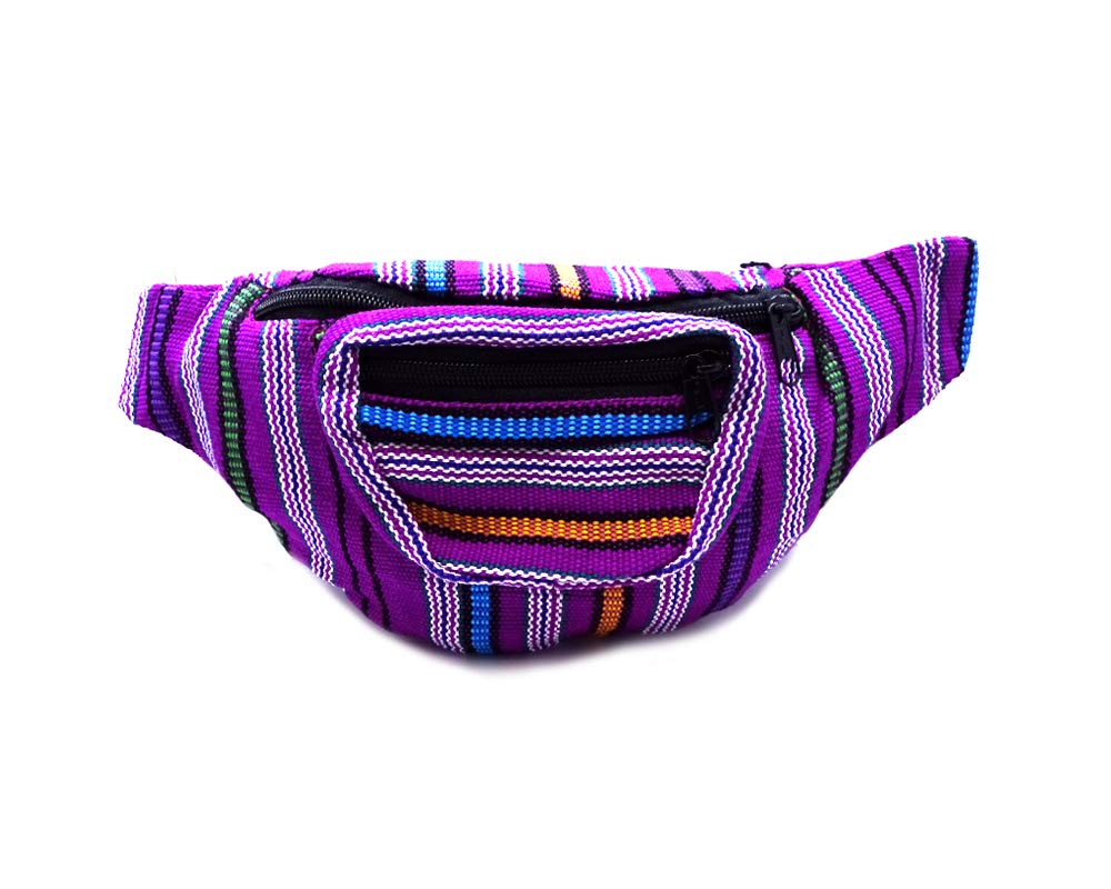 Handmade Boho Lightweight Woven Striped Fanny Pack Waist Bag - Adjustable Belt Pouch for Travel, Hiking & Festivals (Purple/Multicolor) | Trendy Crossbody Bag for Women & Men