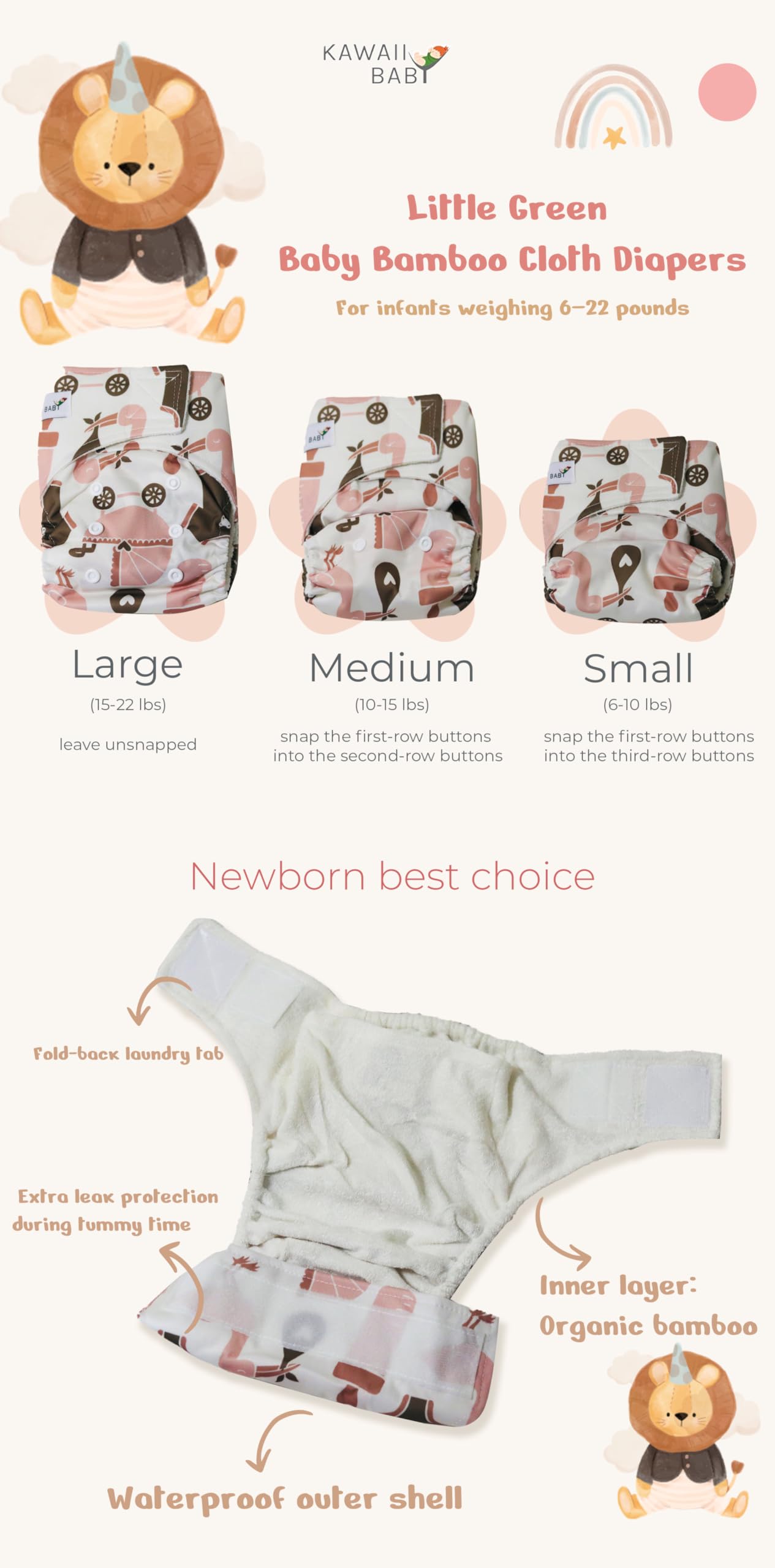 KaWaii Baby Little Green Bamboo Cloth Diapers for Newborn to 22 lbs - 12 Reusable Bamboo Diapers with 24 Inserts | Eco-Friendly, Soft & Absorbent for Daycare, Travel & Home Use