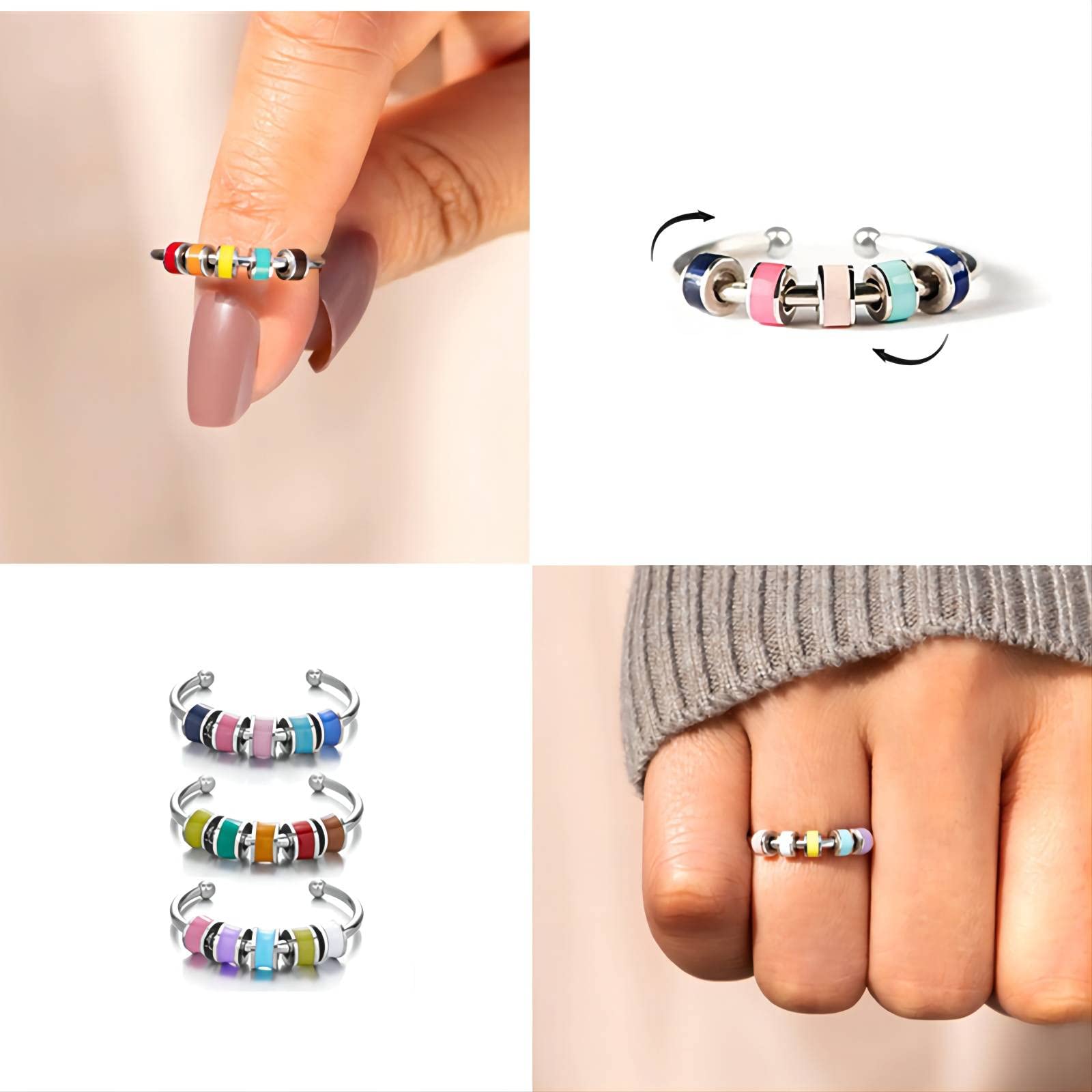 Adjustable Spinning Enamel Bead Fidget Ring for Anxiety Relief - Stainless Steel Rotating Open Ring for Men & Women - Stress Relief Toy for Office, Travel & ADHD Focus Aid