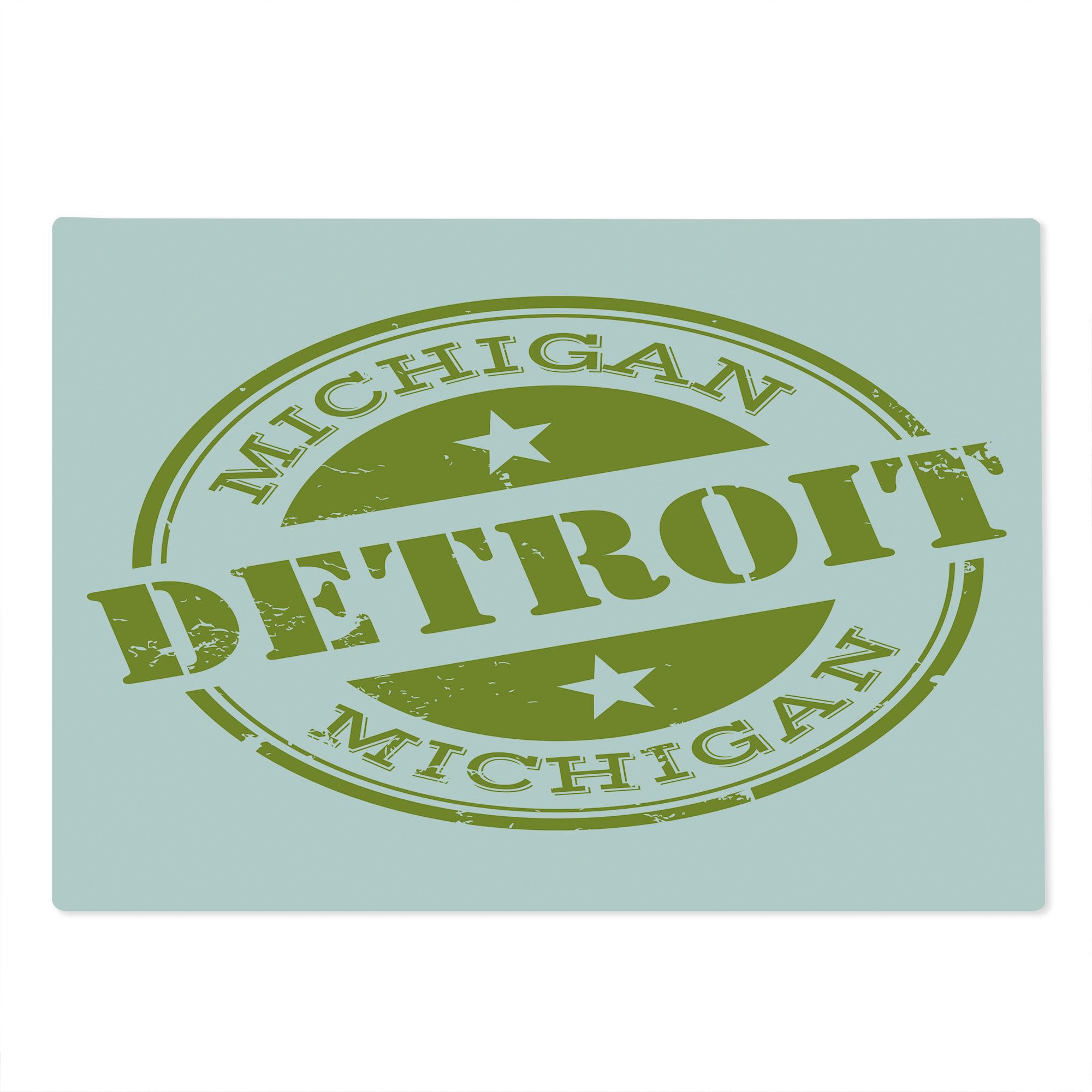 Ambesonne Detroit Themed Cutting Board - Retro Michigan Stamp with Stars Design - Tempered Glass Serving & Decorative Board - Large Size (Olive Green & White) - Perfect for Kitchen Use, Food Prep & Home Decor
