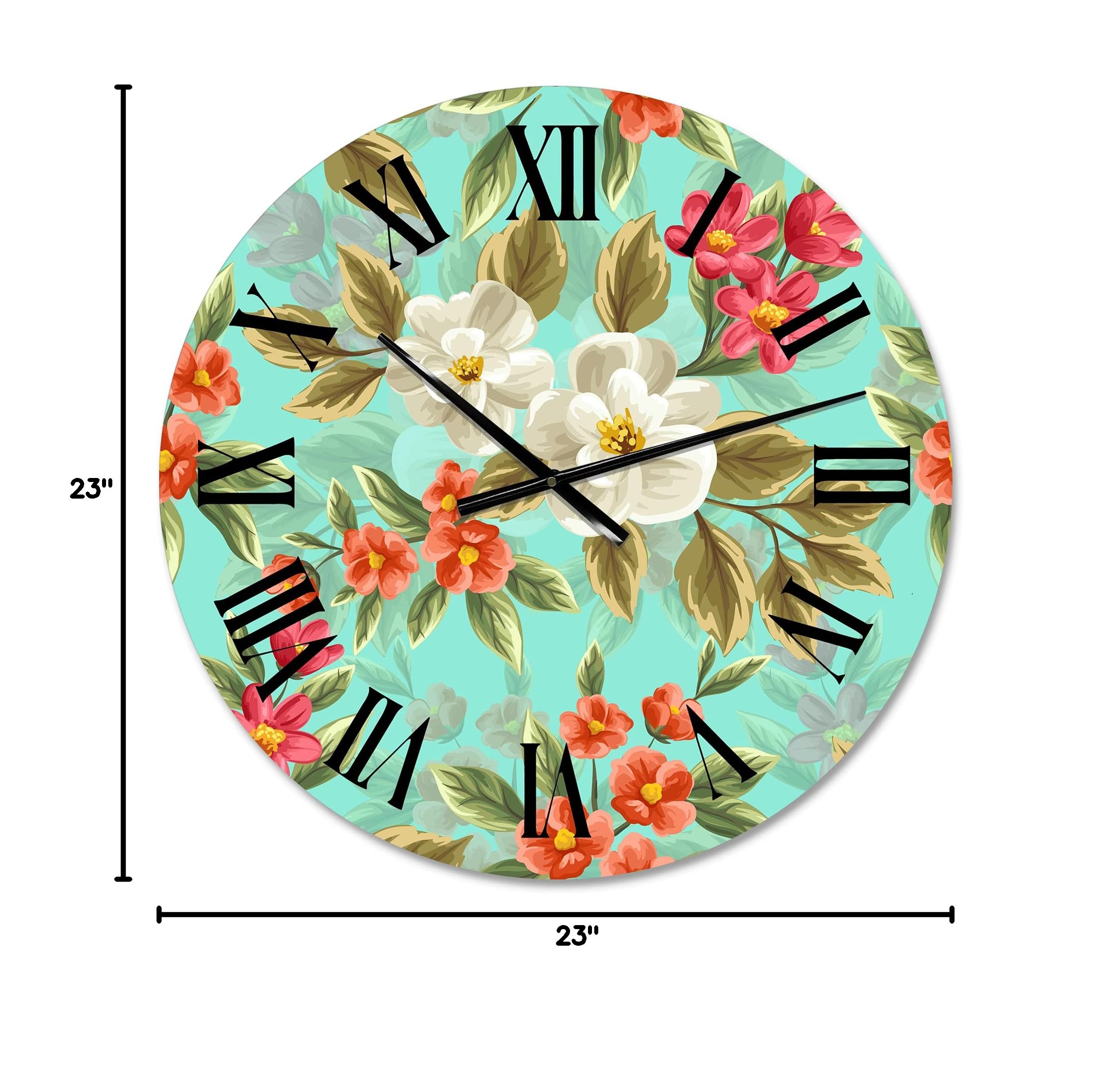 DesignQ Traditional Floral Seamless Pattern Large Wall Clock - Elegant Botanical Decor for Office, Living Room & Bedroom | Silent Non-Ticking Mechanism