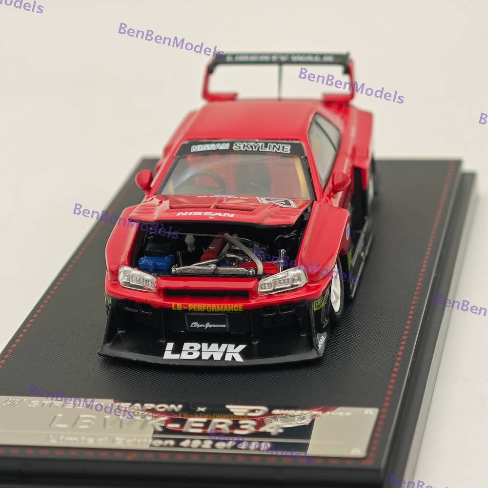 1:64 Scale LBWK GTR ER34 #9 Red Open Version Diecast Model Car - Collectible Street Weapon for Display & Racing Scenes