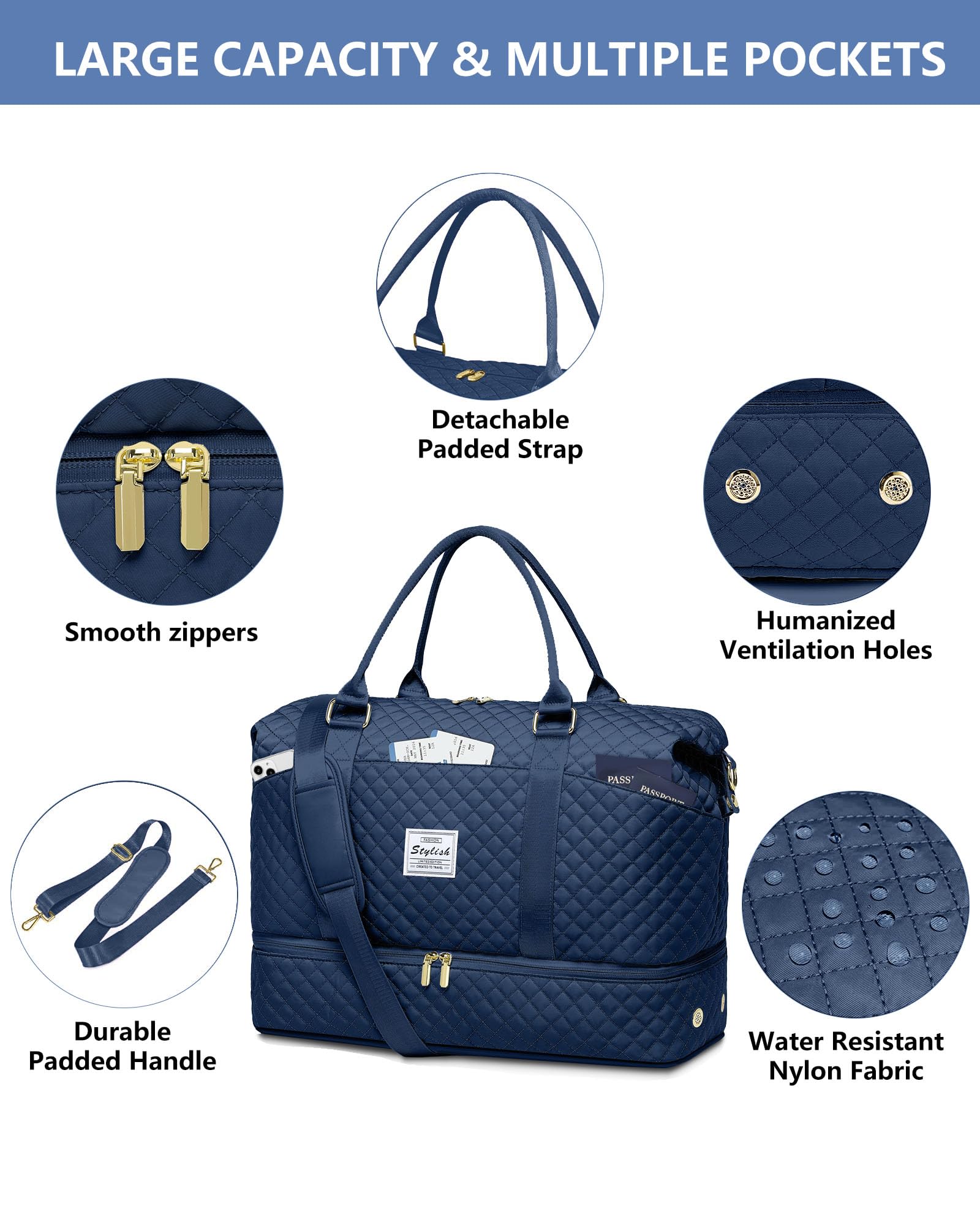 Women's Weekender Duffle Bag with Shoe Compartment & Wet Pocket - Lightweight Travel Overnight Bag, Carry-On Approved for Airplane, Hospital, Labor & Delivery - Perfect for Gym, Weekend Getaways & Business Trips (Blue)