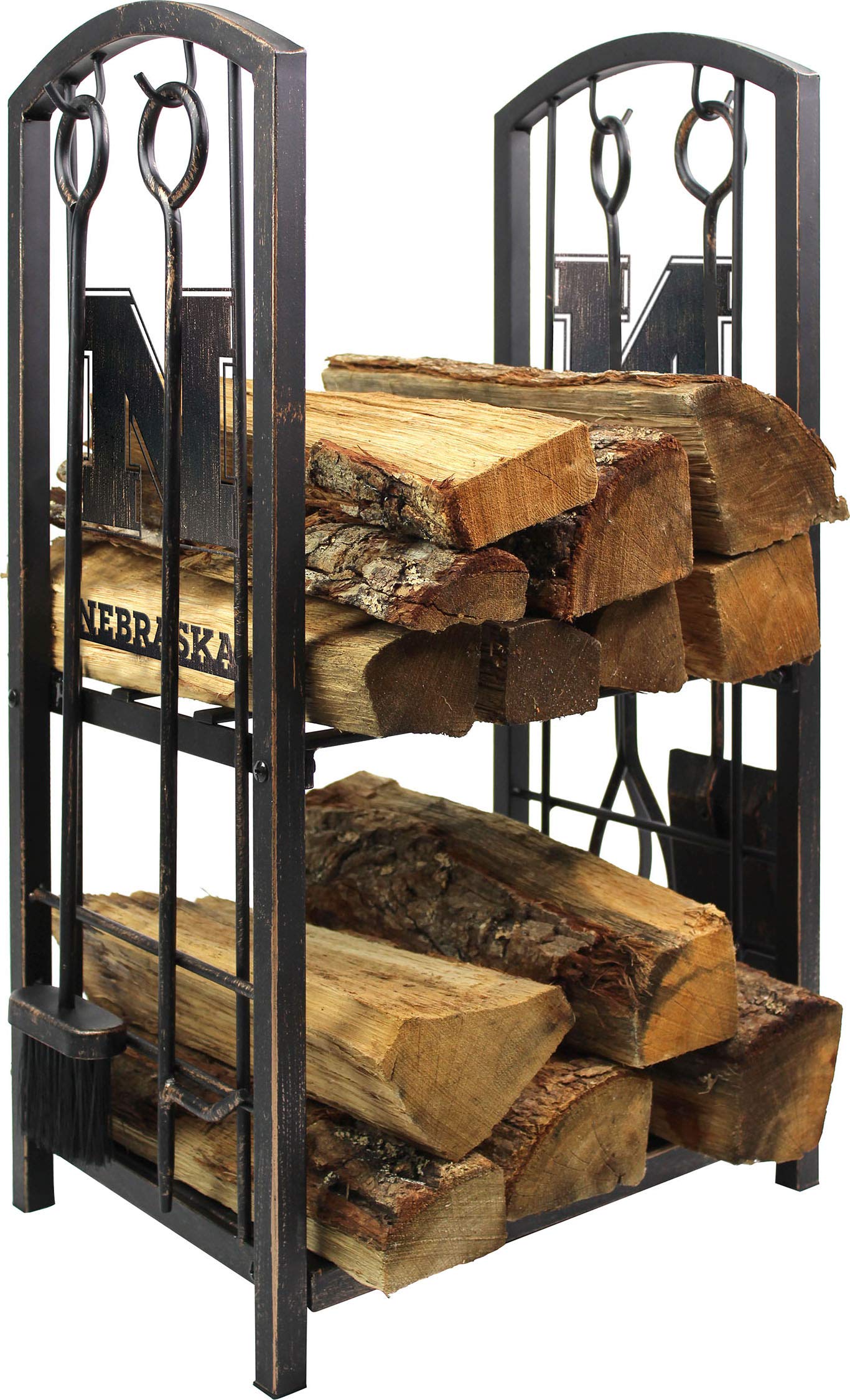 Officially Licensed NCAA Fireplace Wood Holder & Tool Set - Heavy Duty Log Rack with Stand for Firewood Storage - Perfect for Indoor & Outdoor Fire Pits, Fireplaces, and Camping