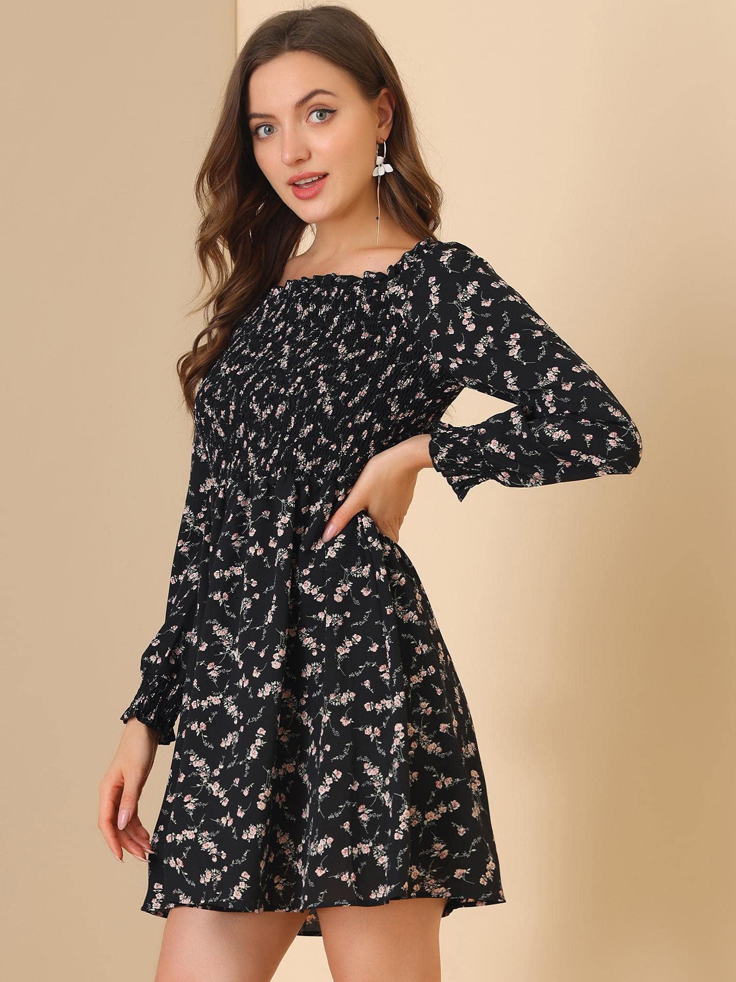Allegra K Women's Floral Smocked Mini Dress with Square Neck & Long Sleeves - Perfect for Valentine's Day, Date Night & Spring Weddings