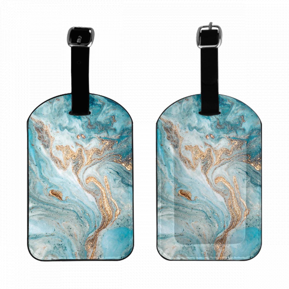 Golden Turquoise Marble Pattern Acrylic Leather Luggage Tags - Fully Bendable Suitcase ID Tag Identifiers for Travel Bags (1 Pack) - Perfect for Airports, Business Trips & Vacation