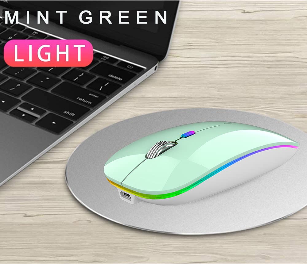 TENMOS Wireless Bluetooth Mouse - Slim Rechargeable Silent Mouse with LED, Bluetooth 5.1 & USB 2.4GHz for Laptop, MacBook, iPad (OS 13+) - Mint Green | Perfect for Office, Home & Travel Use