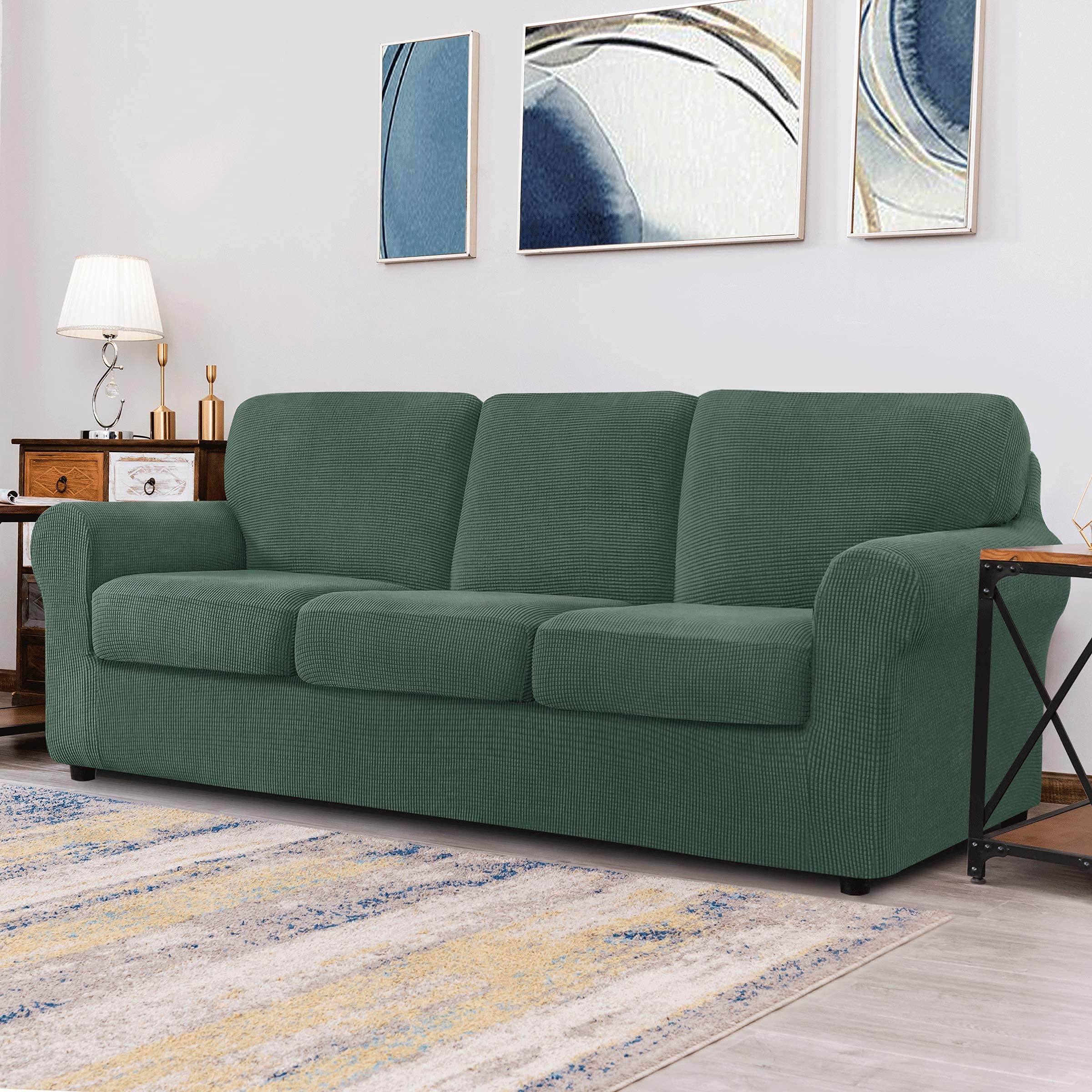 CHUN YI Loveseat Sofa Cover Set - Stretchable Jacquard Fabric Slipcover with Detachable Backrest & Cushions (Dark Cyan) - Perfect for Living Room, Bedroom, or Office Furniture Protection