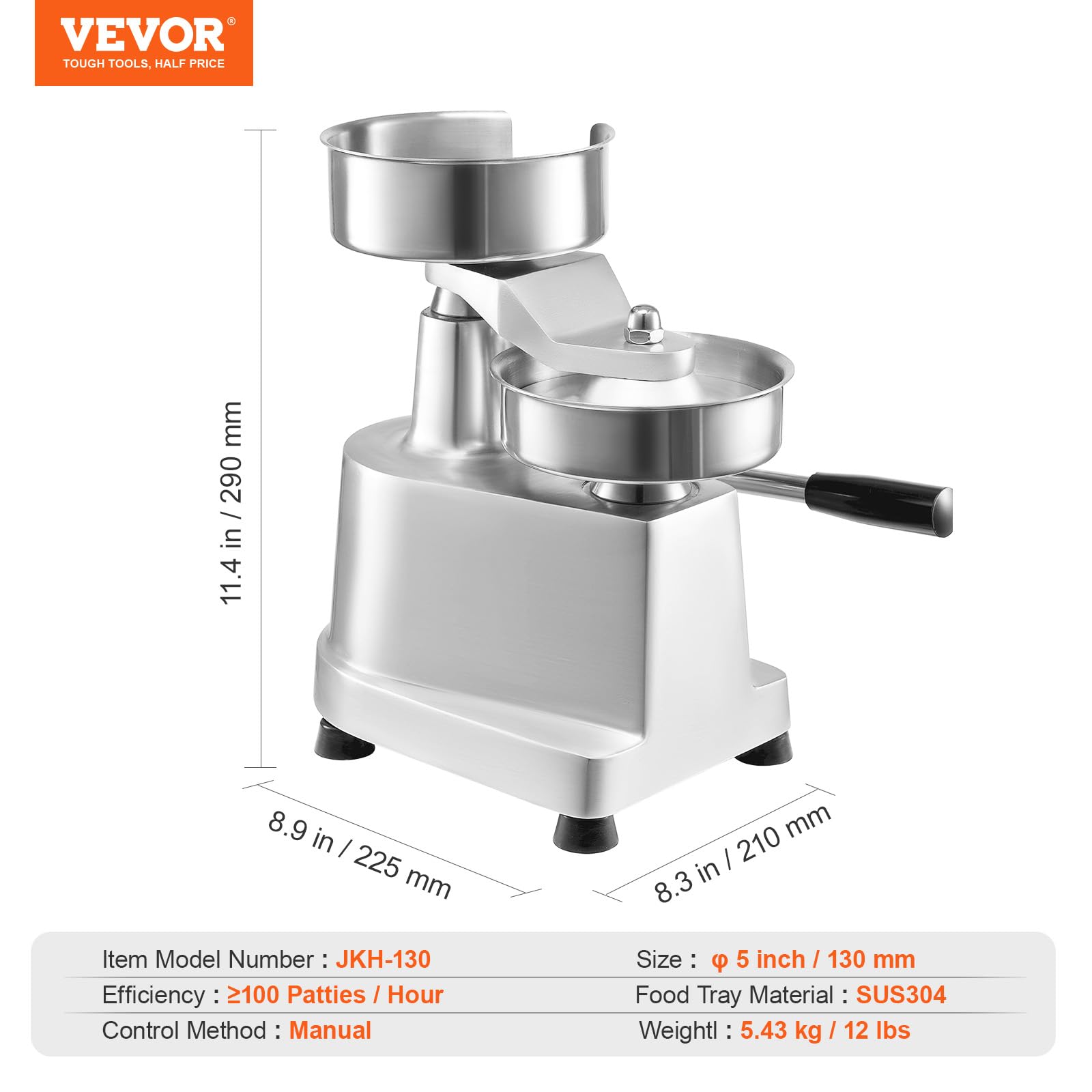 VEVOR Commercial Hamburger Patty Maker Machine - 5 Inch (130mm) Heavy Duty Stainless Steel Burger Press with 1000 Patty Papers - Professional Kitchen Meat Forming Processor for Restaurants, BBQ Parties & Home Cooking