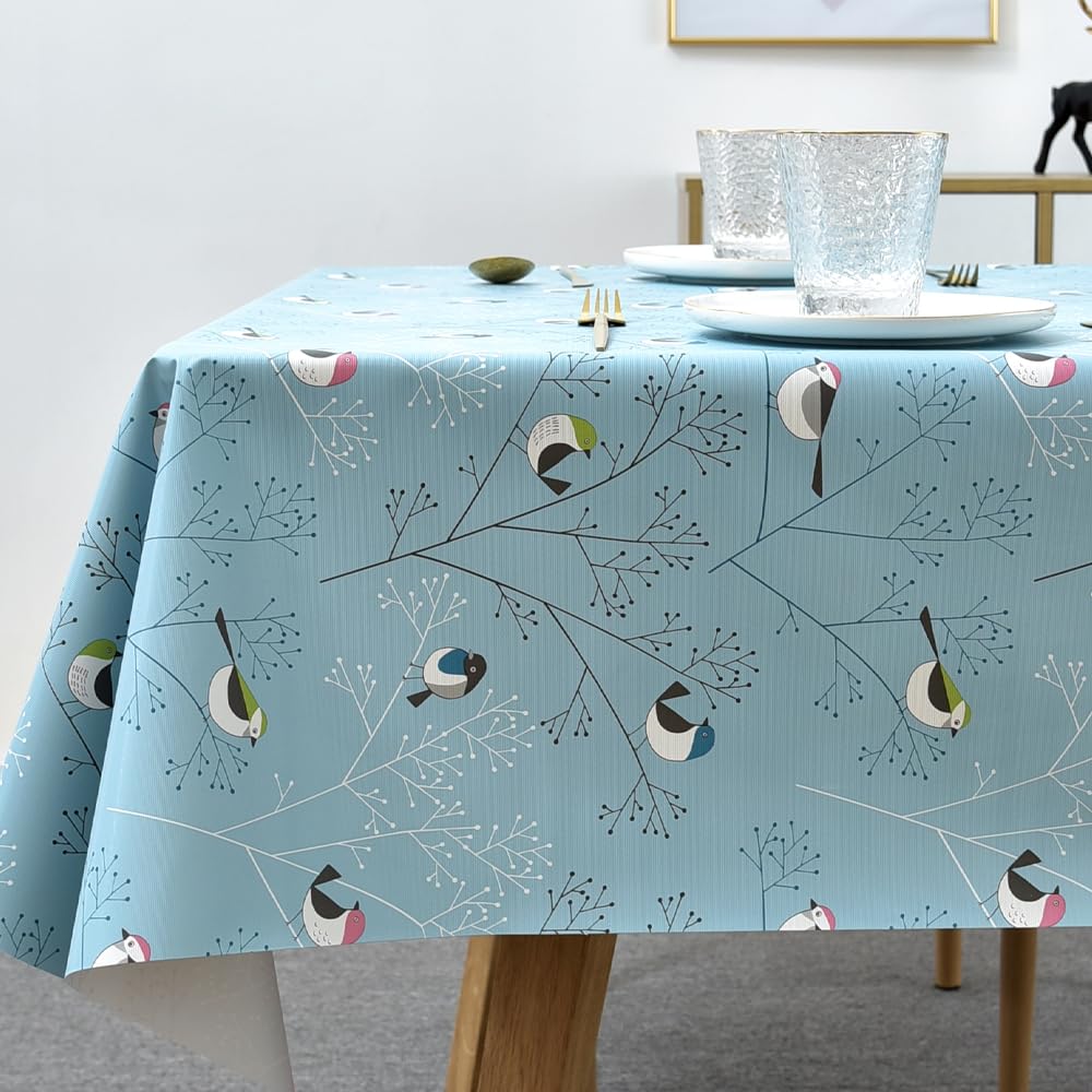 Heavy Duty Vinyl Tablecloth - 54'' x 54'' Square PVC Waterproof Wipeable Plastic Table Cover for Kitchen, Dining Room, Party & Outdoor Use (Birds-2 Design)