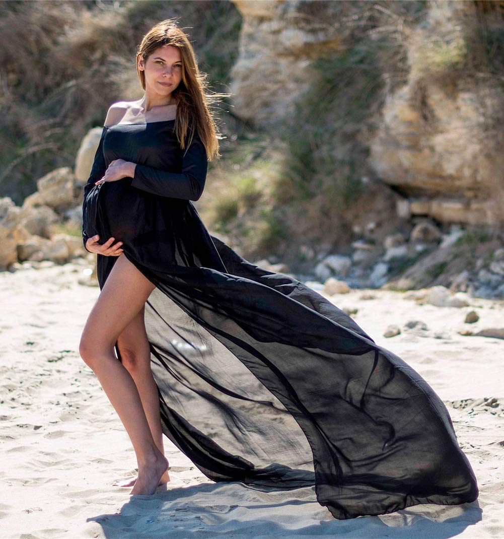 ZIUMUDY Maternity Maxi Chiffon Photography Dress - Elegant Split Front Gown for Maternity Photoshoot, Baby Shower & Pregnancy Announcement - Perfect for Outdoor, Studio & Special Occasions