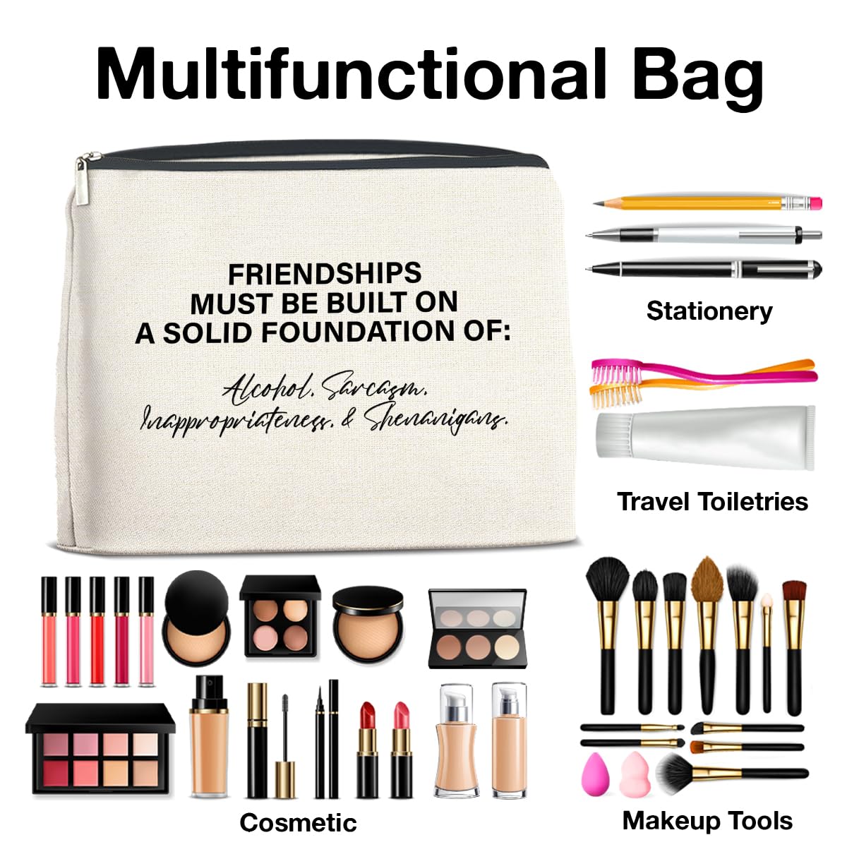 Funny Friendship Makeup Bag for Women - Bestie Gift for Travel & Daily Use
