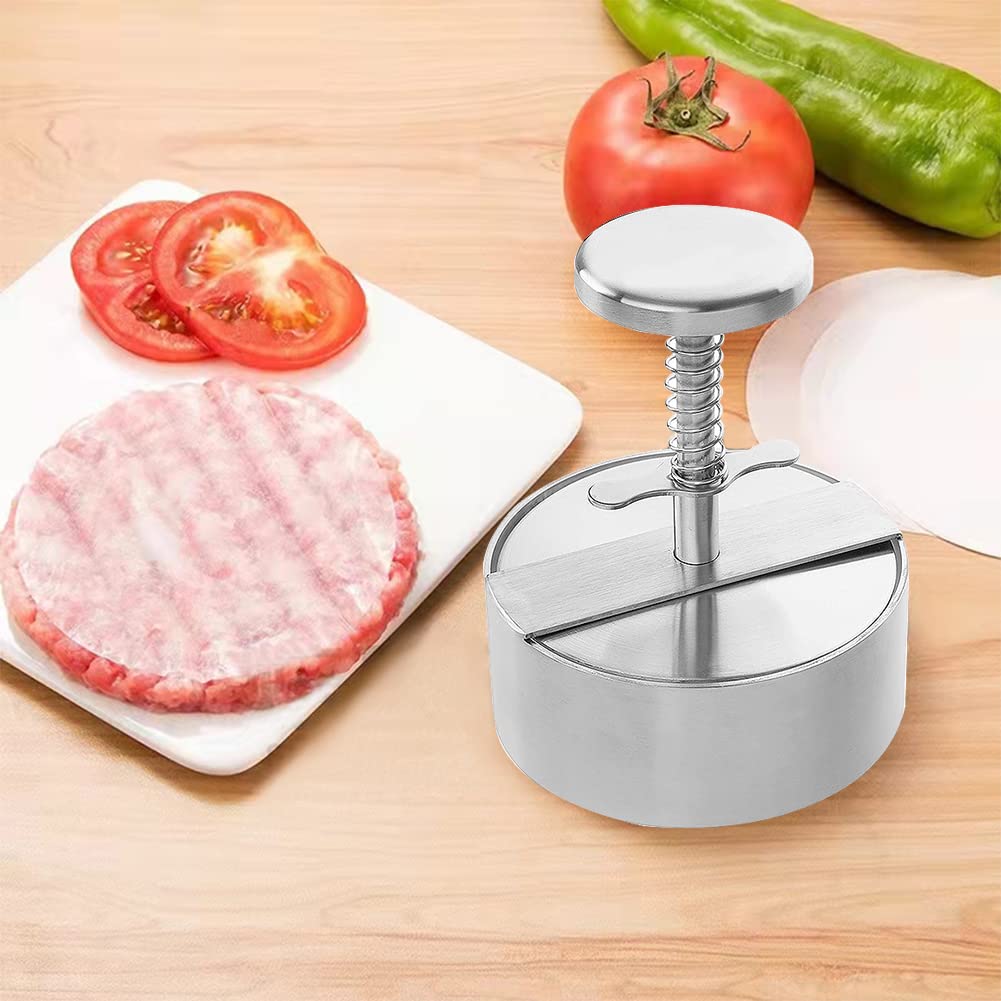 Stainless Steel Adjustable Burger Press - Non-Stick Hamburger Patty Maker for Beef, Pork, Lamb, Cheese & Veggie Burgers - Smash Burger Mold with 100 Wax Papers - Perfect for BBQ, Grill, Halal Cooking & Home Kitchen Use