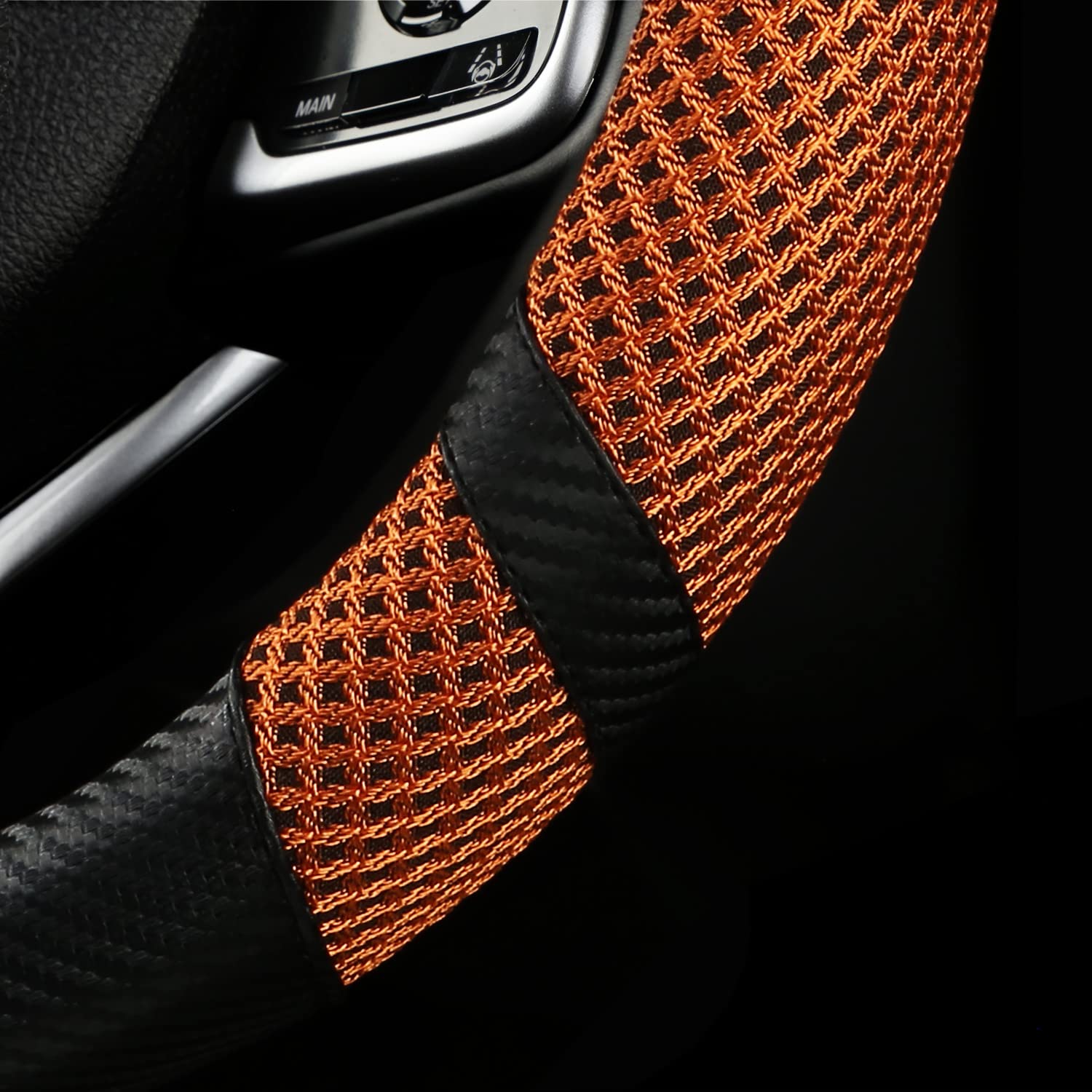 BOKIN Carbon Fiber Steering Wheel Cover - Universal 14.5-15 Inch Car Steering Wheel Protector | Microfiber Leather with Breathable Ice Silk Technology | Keeps Cool in Summer & Warm in Winter | Carbon Fiber Orange Design | Perfect for Daily Commuting, Road Trips & Performance Driving