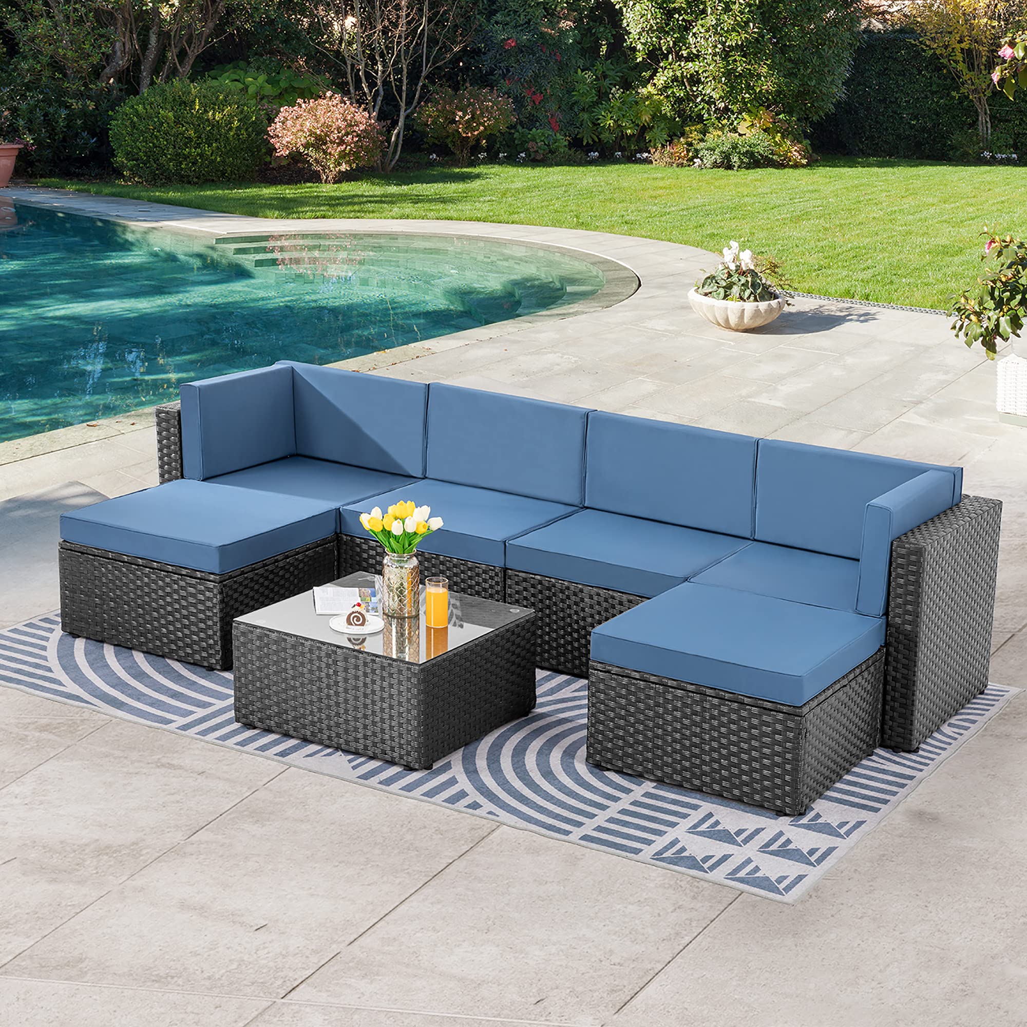 7-Piece Outdoor Patio Furniture Set - SUNLEI Black Rattan & Aegean Blue Sectional Sofa with Coffee Table & Ottoman | Perfect for Backyard, Poolside & Garden Conversations