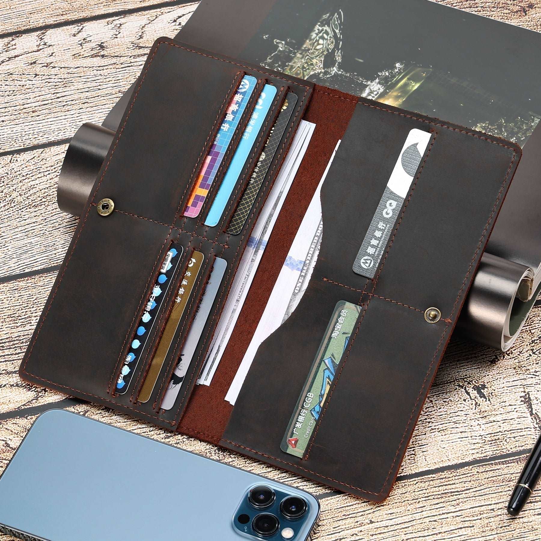 Vintage Distressed Leather Long Wallets for Men - Slim RFID Blocking Bifold Wallet with Multiple Card Slots - Perfect for Everyday Use, Travel & Business