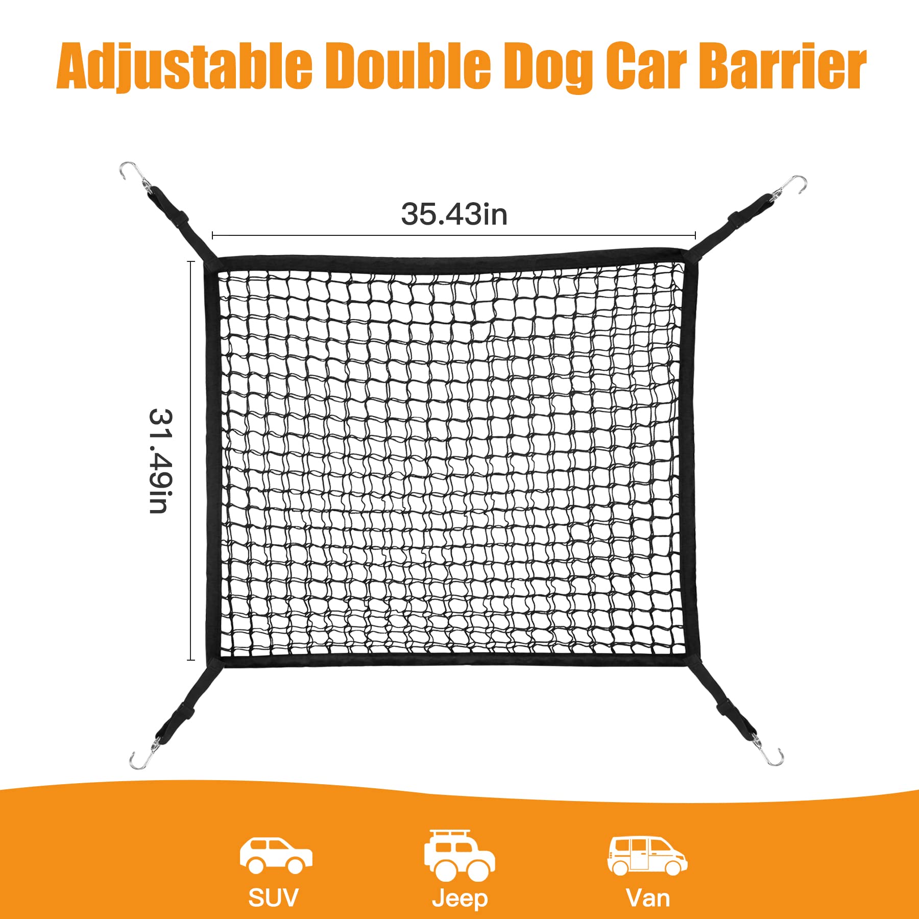 Dual Layer Pet Barrier for SUV - Adjustable Dog Car Net with Bungee Cords (35.43