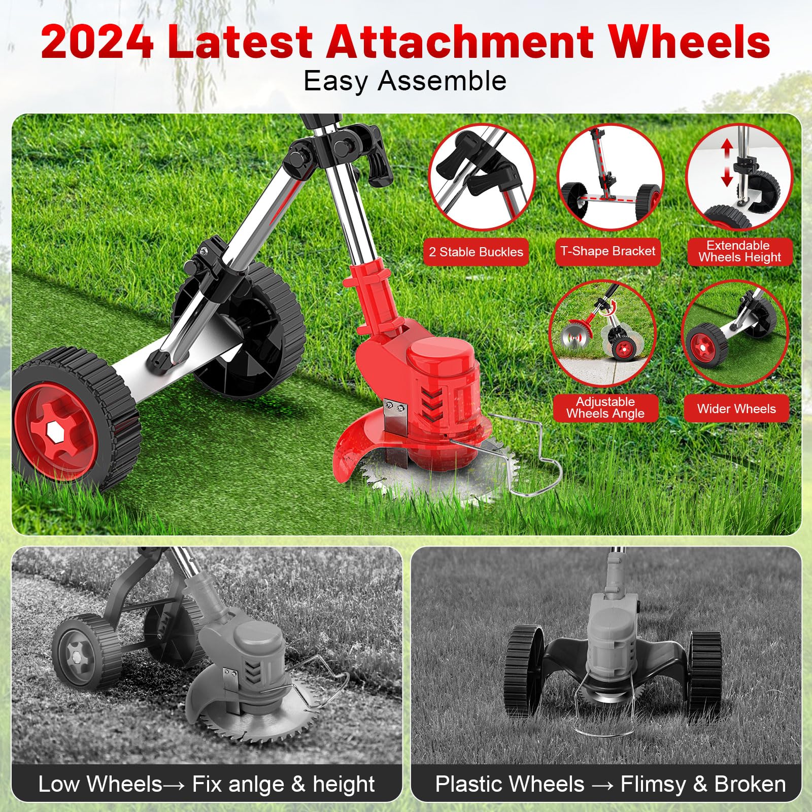21V 2000mAh Cordless Electric Weed Wacker with 2 Batteries & Charger - 3-in-1 Wheeled String Trimmer, Lawn Edger and Grass Cutter - Perfect for Backyard Maintenance, Garden Trimming and Landscape Edging