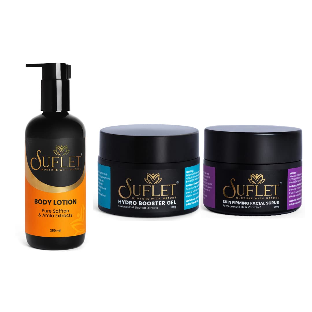 Suflet Calendula & Licorice Extracts Face Moisturizer & Body Lotion Set - Hydrating Hydro Booster Gel & Natural Skin Firming Facial Scrub - 50g x 2 + 250ml - Perfect for Daily Skincare Routine & Spa-Like Home Treatment