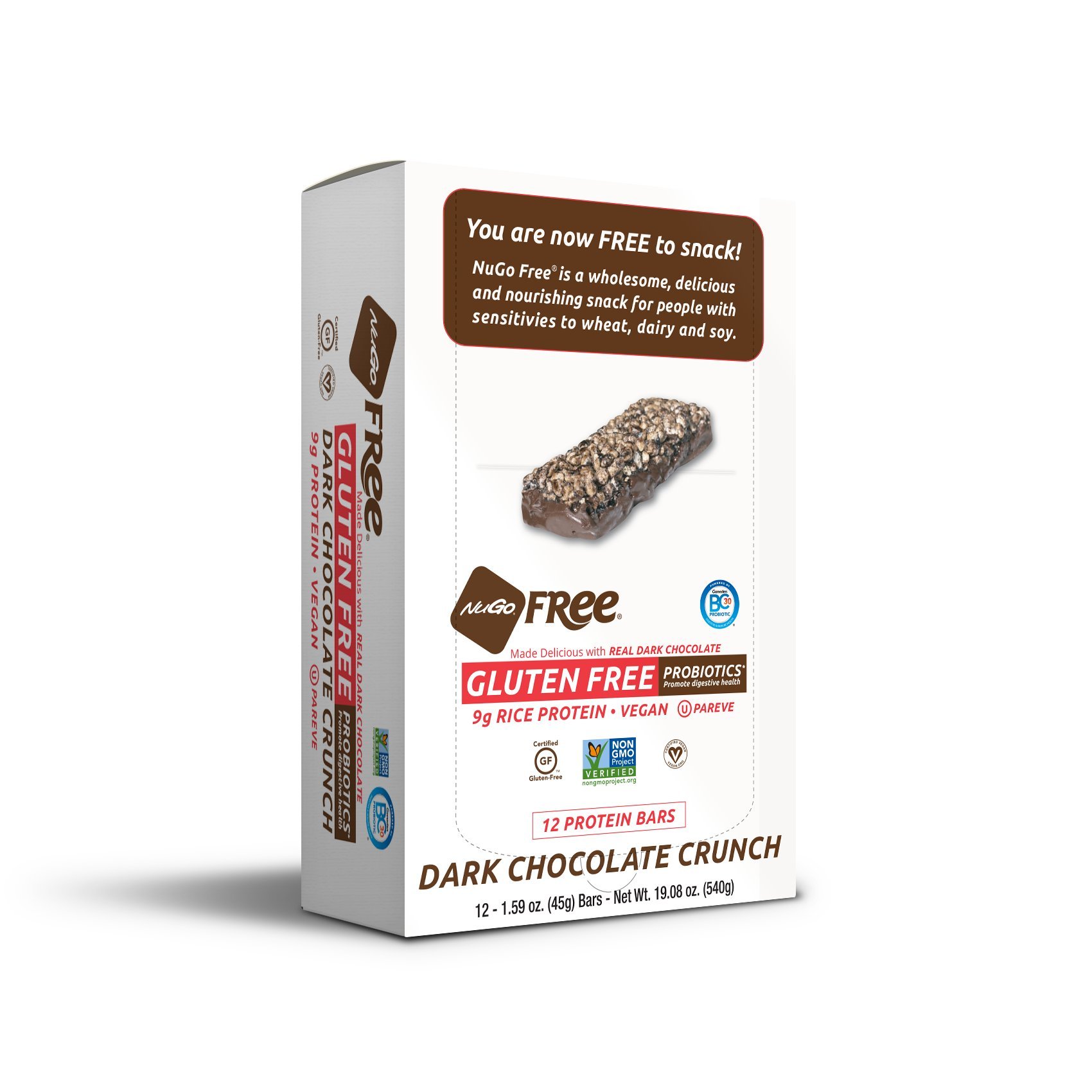 NuGo Free Dark Vegan Protein Bar - 9g Rice Protein, Probiotics, Gluten Free, Soy Free, Dark Chocolate Crunch - 1.59oz Bars (12 Pack) | Healthy Snack for Workouts, Travel & On-the-Go Nutrition