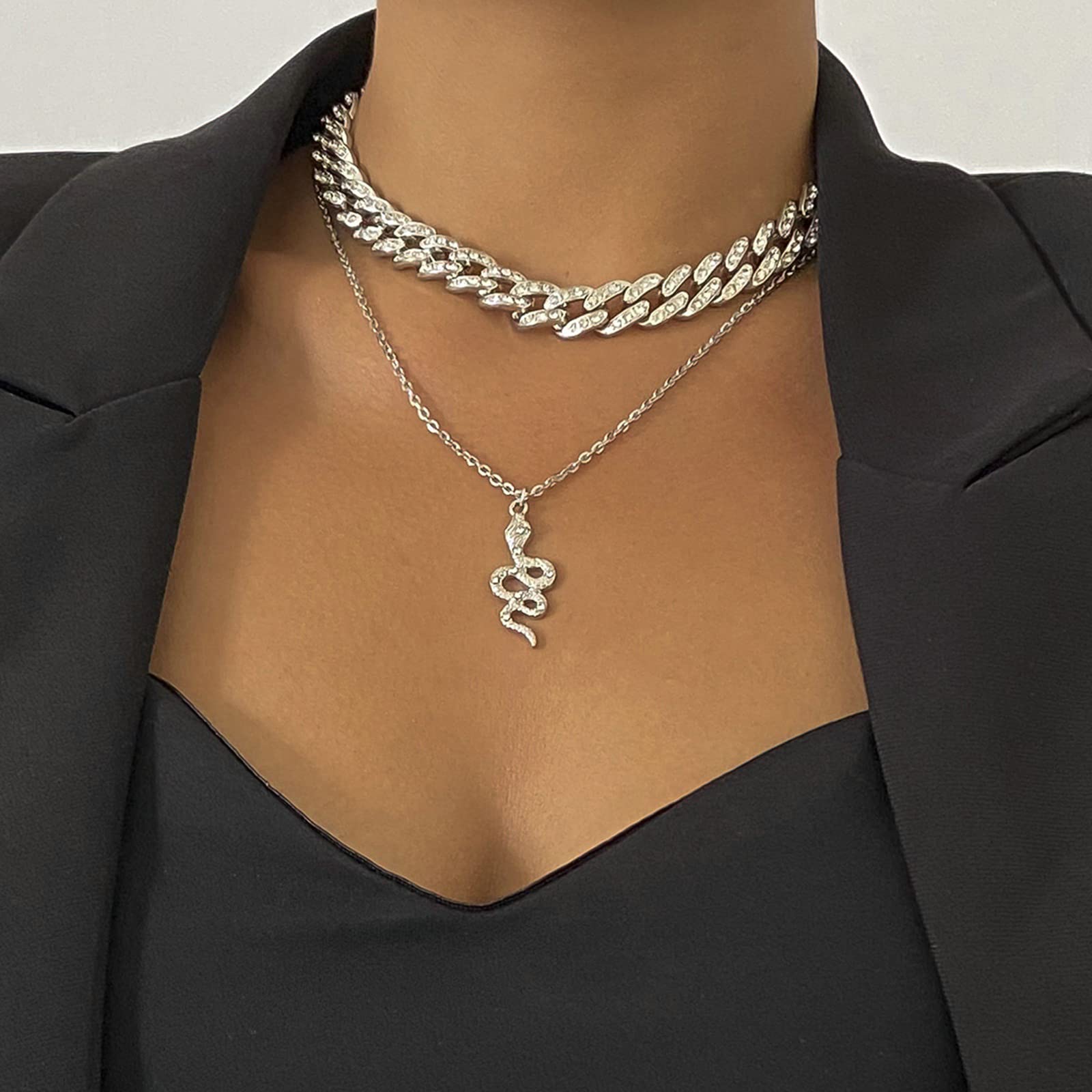 CZ Snake Pendant Layered Choker Necklace for Women - 18K Gold Plated Cuban Chain 2 Layer Necklace Set, Fashion Jewelry Gift for Birthday, Anniversary & Valentine's Day | Perfect for Parties, Date Nights & Special Occasions