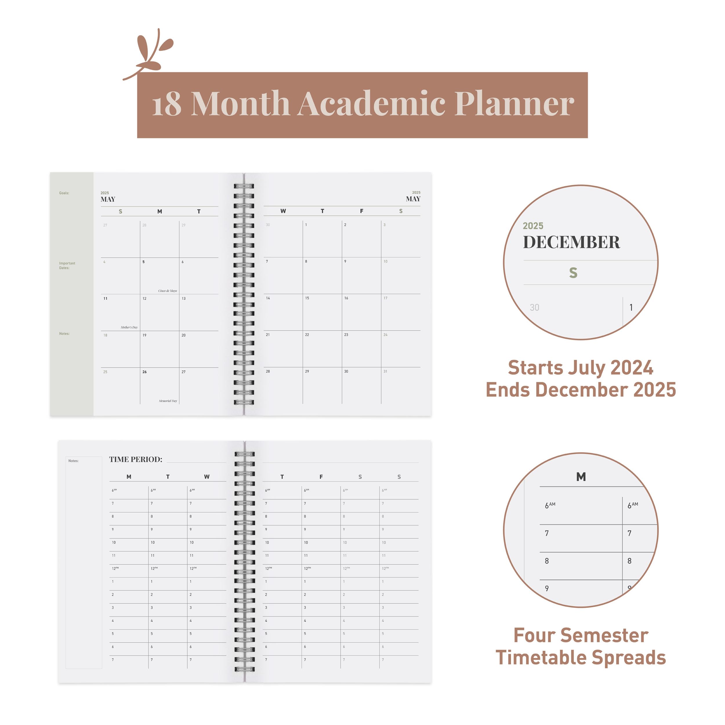 Riley's 2024-2025 Academic Planner - 18-Month Weekly & Monthly Organizer with Twin-Wire Binding, Notes Pages & Durable Cover (21x15cm, Dark Green) - Perfect for Students, Teachers & Professionals