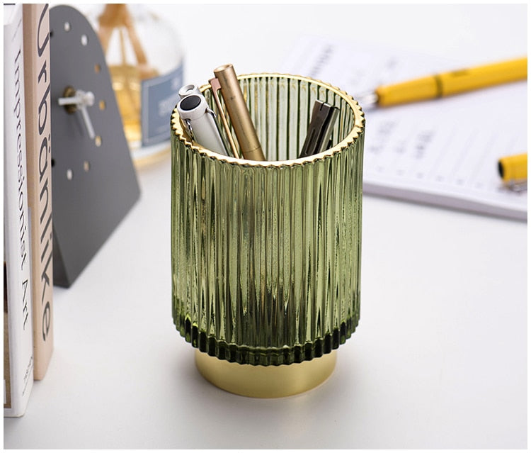 Elite Gold Foil Glass Makeup Brush Holder & Cosmetic Organizer - Perfect for Vanity, Bathroom Countertop, and Travel Makeup Storage