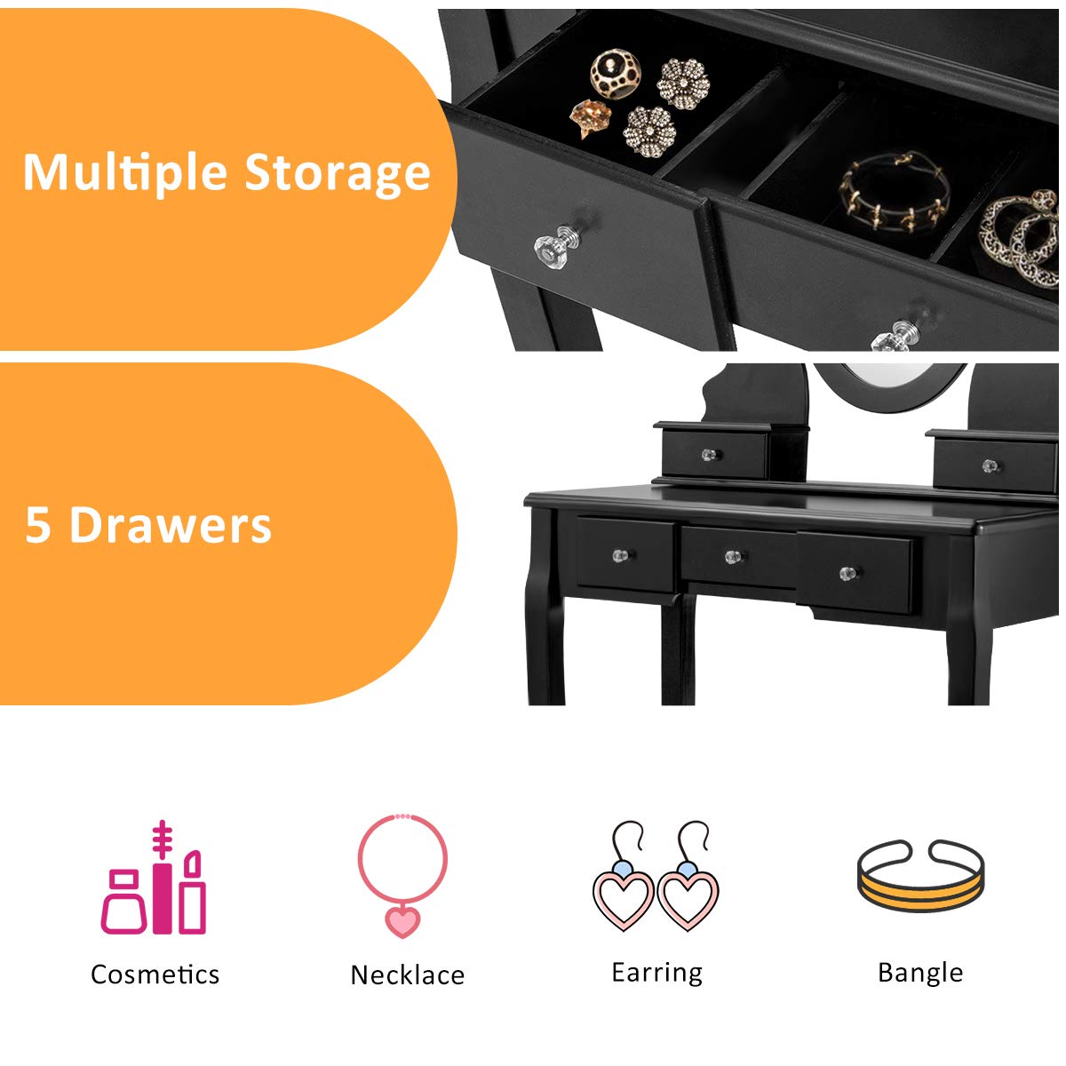 Giantex Vanity Set with Oval Mirror & Cushioned Stool - Large Makeup Dressing Table with 5 Drawers & Mirrored Bedroom Vanity for Women, Girls, Kids - Easy Assembly (Black) - Perfect for Bedroom, Dorm, Apartment Makeup & Beauty Organization