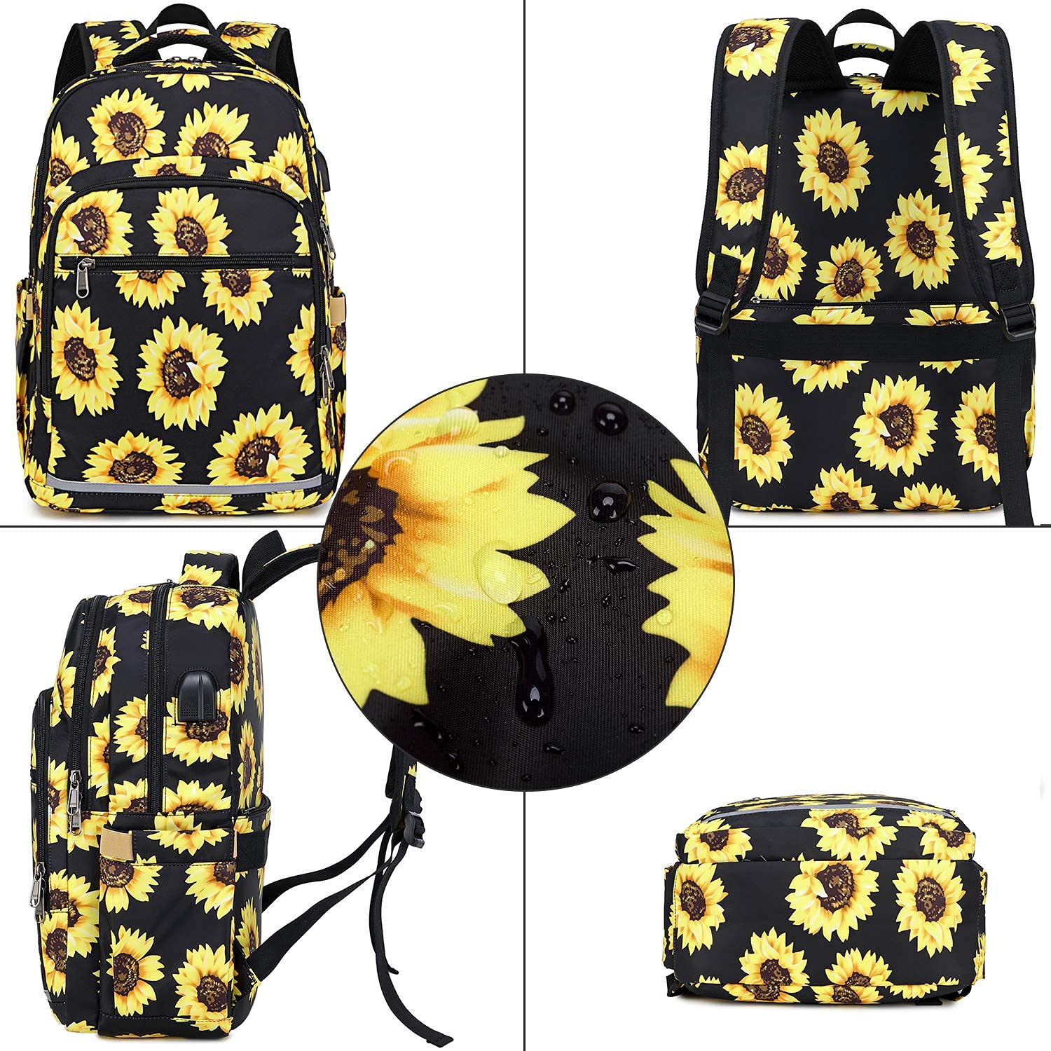 Stylish Floral Backpack for Women - 15.6 Inch Laptop Bookbag with USB Charging Port & Headphone Jack, Waterproof College Backpack for Business Travel, School & Daily Commute | Sunflower Design Daypack for Work & Outdoor Activities