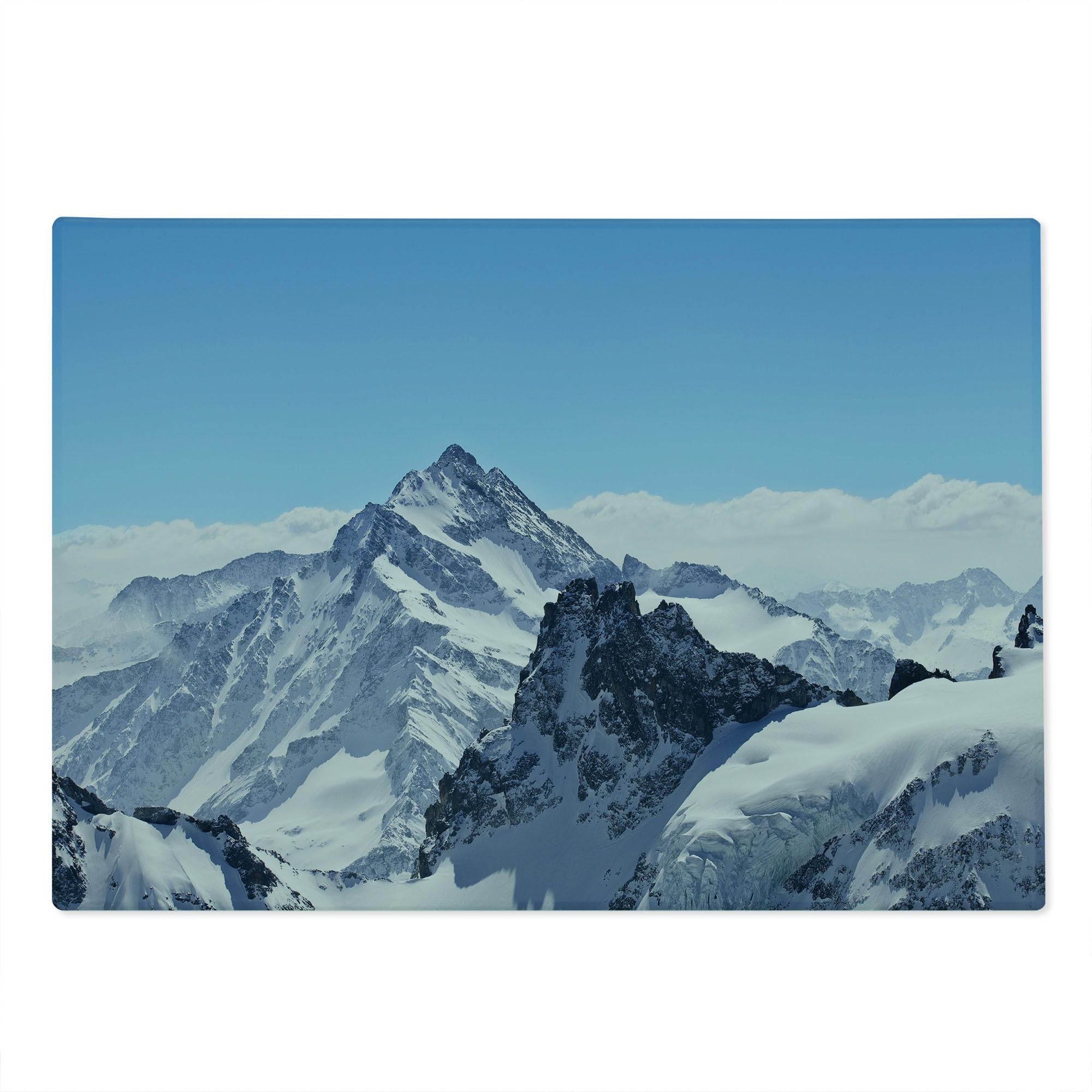 Ambesonne Winter Themed Tempered Glass Cutting Board - Snowy Rocky Mountain Peaks Landscape Design - Large White & Blue Decorative Serving Board for Cheese, Charcuterie & Holiday Entertaining - Durable Kitchen & Dining Accessory for Christmas, Winter Parties & Home Decor
